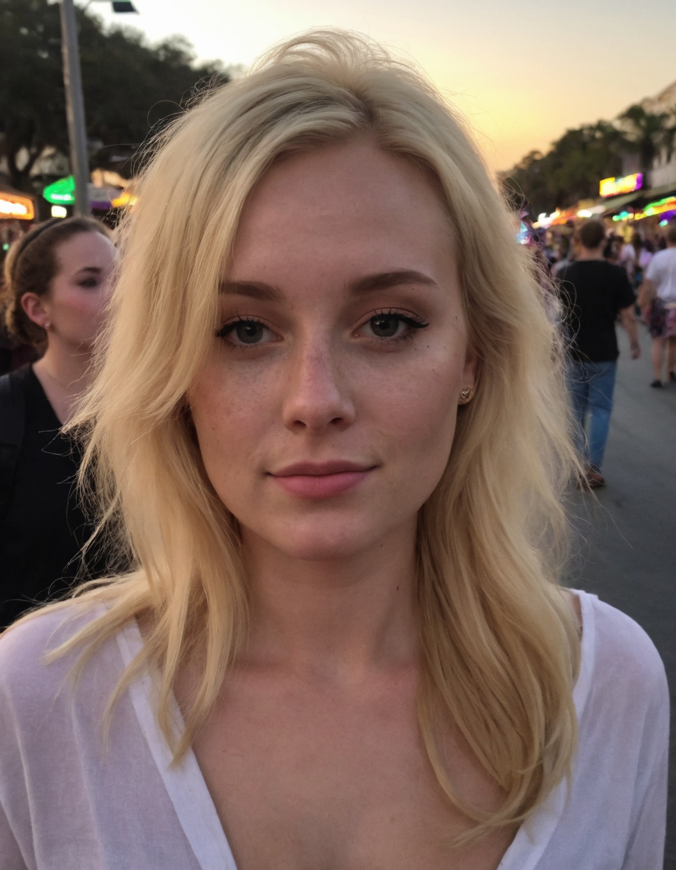 ******* cellphone photography cute woman with blonde hair at mardi gras,  sunset,  . f8.0 on Tensor.Art