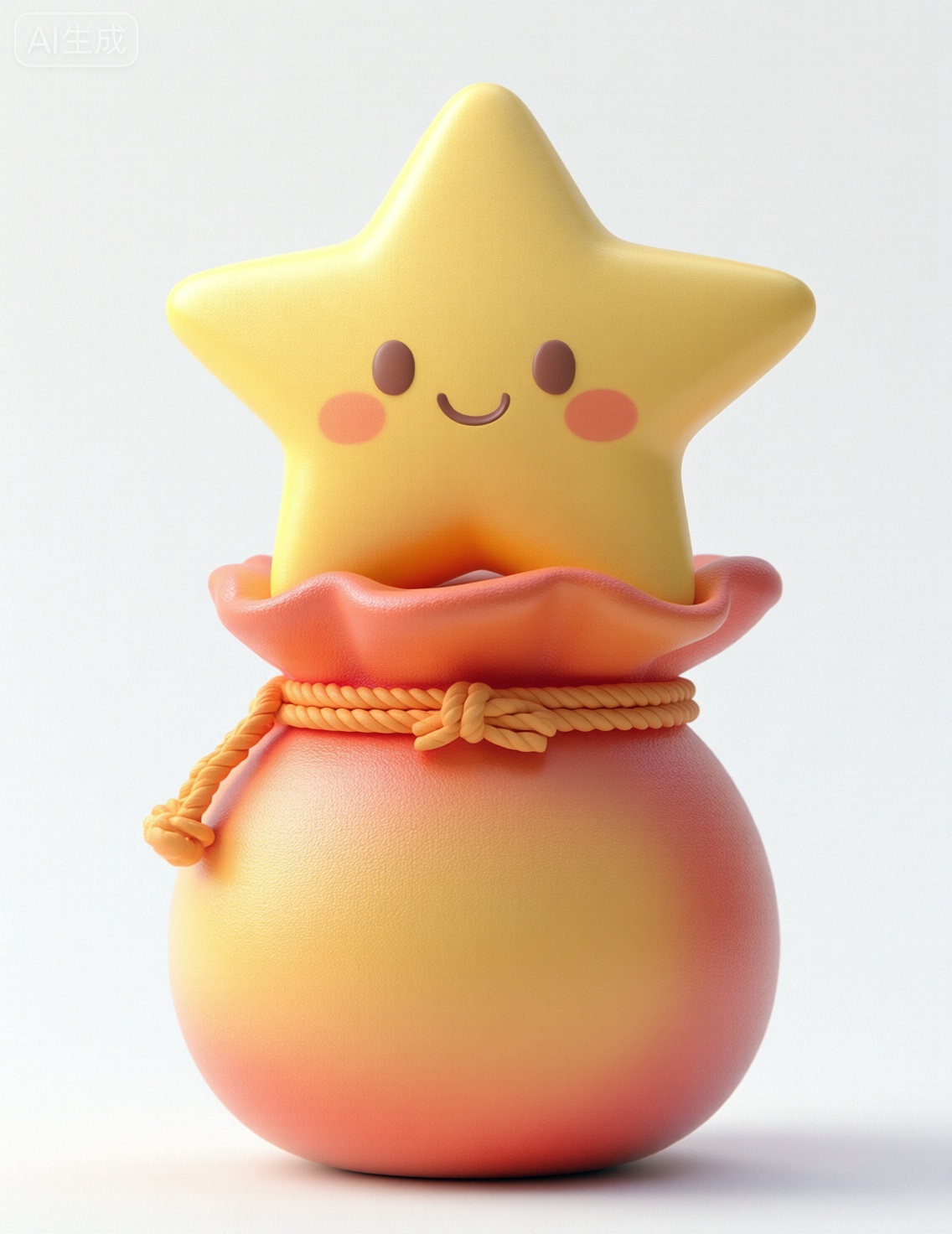 Chibi 3D,一个卡通风格的可爱星星形象,黄色五角星带有微笑表情和红色腮红,星星坐在一个渐变橙红色的球型布袋上,布袋用橙色绳子系紧,绳结和袋口细节圆润,整体色彩以明亮的黄色和橙红色为主,没有文字,构图以星星和布袋为中心,背景纯白色突出主体,材质表现为光滑的塑料或软陶质感,表面带有柔和高光和渐变,整体风格童趣,治愈,温暖,极具亲和力和视觉吸引力,, Negative prompt: ng_deepnegative_v1_75t,(badhandv4:1.2),EasyNegative,(worst quality:2),,nsfw, Steps: 30, Sampler: Euler, CFG scale: 4.0, Seed: 368681162, Size: 1140x1472, Model hash: 98763a1277, Model: Qwen-Image_1.0.safetensors, Denoising strength: 0, RNG: CPU, Lora 1: 姑苏-3D磨砂质感IP设计, Lora Hash 1: 2a8f06d929, Lora Weight 1: 1.0, vae_name: automatic