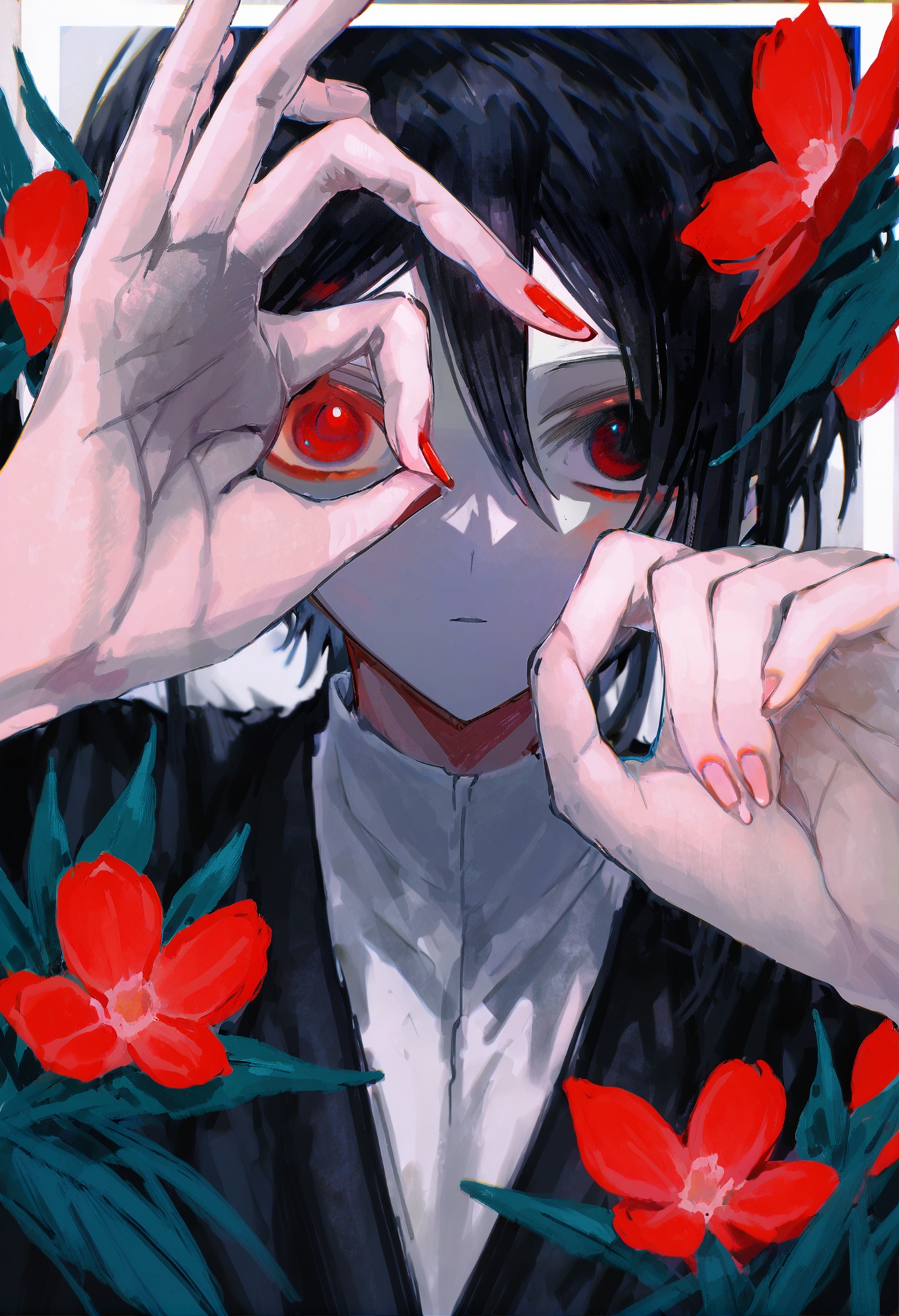 masterpiece, best quality, solo, red eyes, black hair, looking at viewer, heterochromia, hair between eyes, flower, shirt, black eyes, fingernails, bangs, ok sign, red flower, male focus, 1boy, hands up  <lora:ziyunXLlokr8f-000180:0.95>