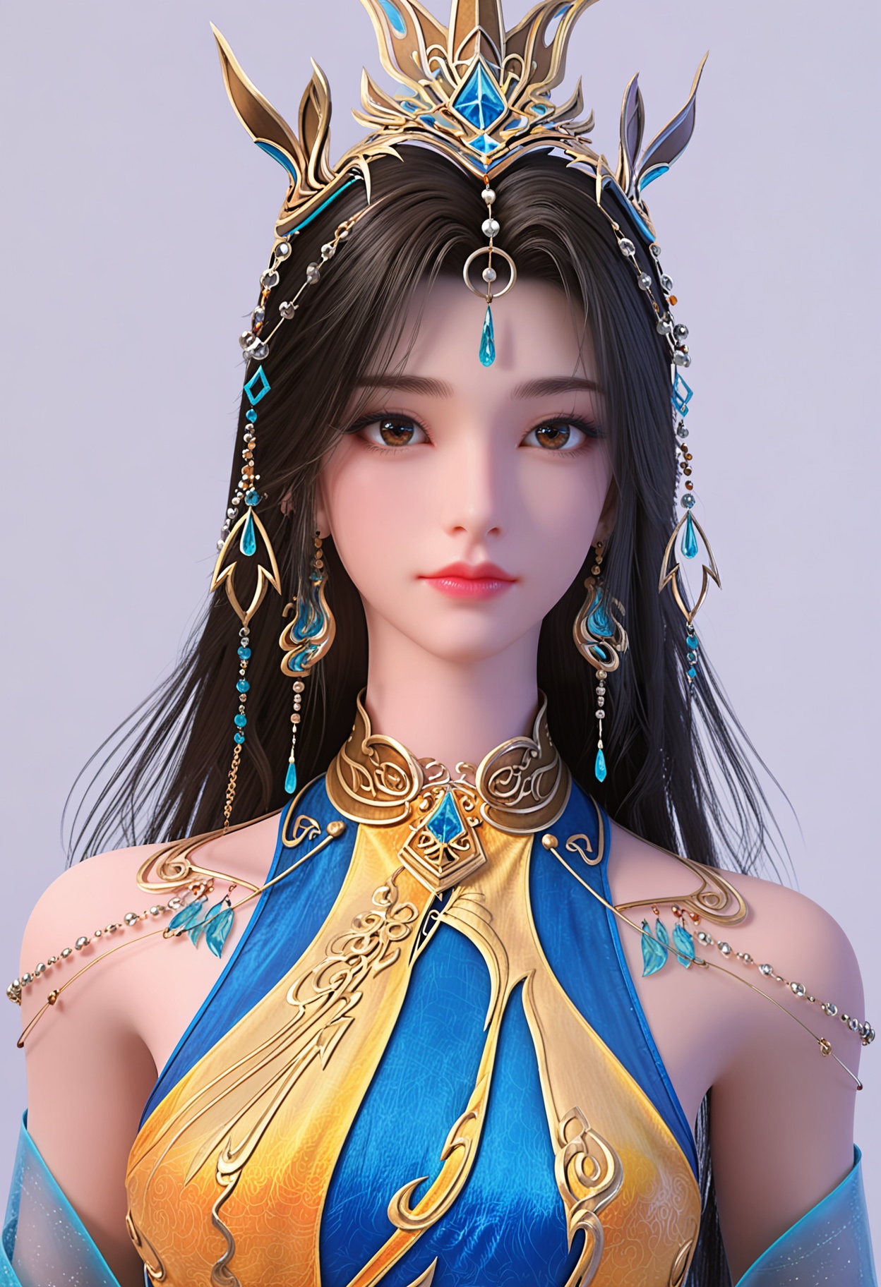 score_9,high detail,best quality,cinematic lighting,volumetric lighting,shiny skin,shiny,huangnv,1girl,solo,brown eyes,long hair,black hair,hair ornament,white background,jewelry,dress,simple background,earrings,bare shoulders,closed mouth,forehead jewel,blue dress,chinese clothes,realistic,expressionless,shawl,looking at viewer,upper body,<lora:Pony_DetailV2.0:0.8>,<lora:皮肤凹痕:0.1>,<lora:QQSponyhuangnvV1:0.8>,