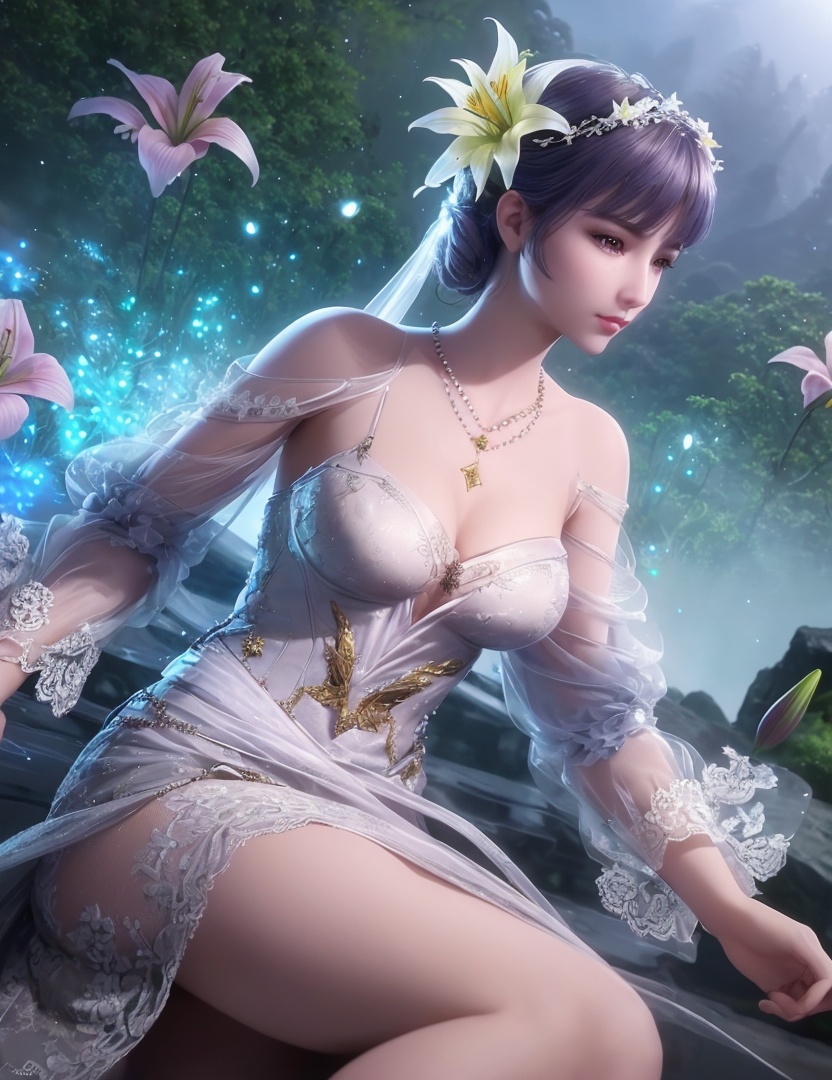 ultra realistic 8k cg, picture-perfect face, flawless, clean, masterpiece, professional artwork, famous artwork, cinematic lighting, cinematic bloom, perfect face, beautiful face, fantasy, dreamlike, unreal, science fiction,   lace, lace trim, lace-trimmed legwear,  (rich:1.4), prestige, luxury, jewelry, diamond, gold, pearl, gem, sapphire, ruby, emerald, intricate detail, delicate pattern, charming, alluring, seductive, erotic, enchanting, hair ornament, necklace, earrings, bracelet, armlet,halo((,1girl, pov,))  ((, 1girl, solo, star_\(symbol\),lily \(flower\),hair flower, dress, jewelry))<lora:DA_BaiChenXiang:0.6>