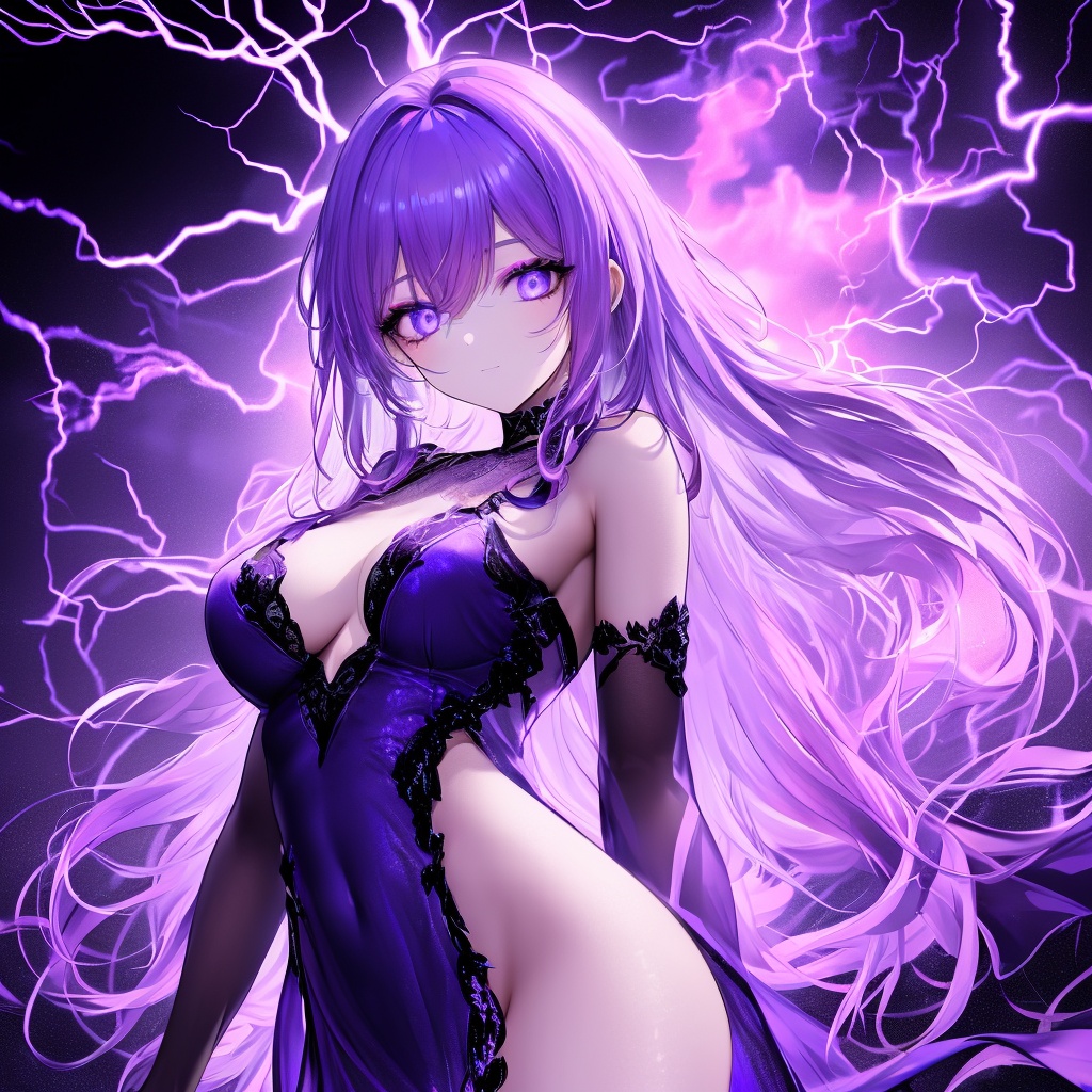 masterpiece,best quality, ultra-detailed, 1girl, beautiful detailed eyes, beautiful detailed glow, detailed lightning, beautiful detailed lightning,  long hair, lightning,glowing,electricity,gradient,light,(((Purple dress))),Purple Theme,Lightning hair,fully body,makeup <lora:ldv2-000008:0.8>，Lightning surrounds the body