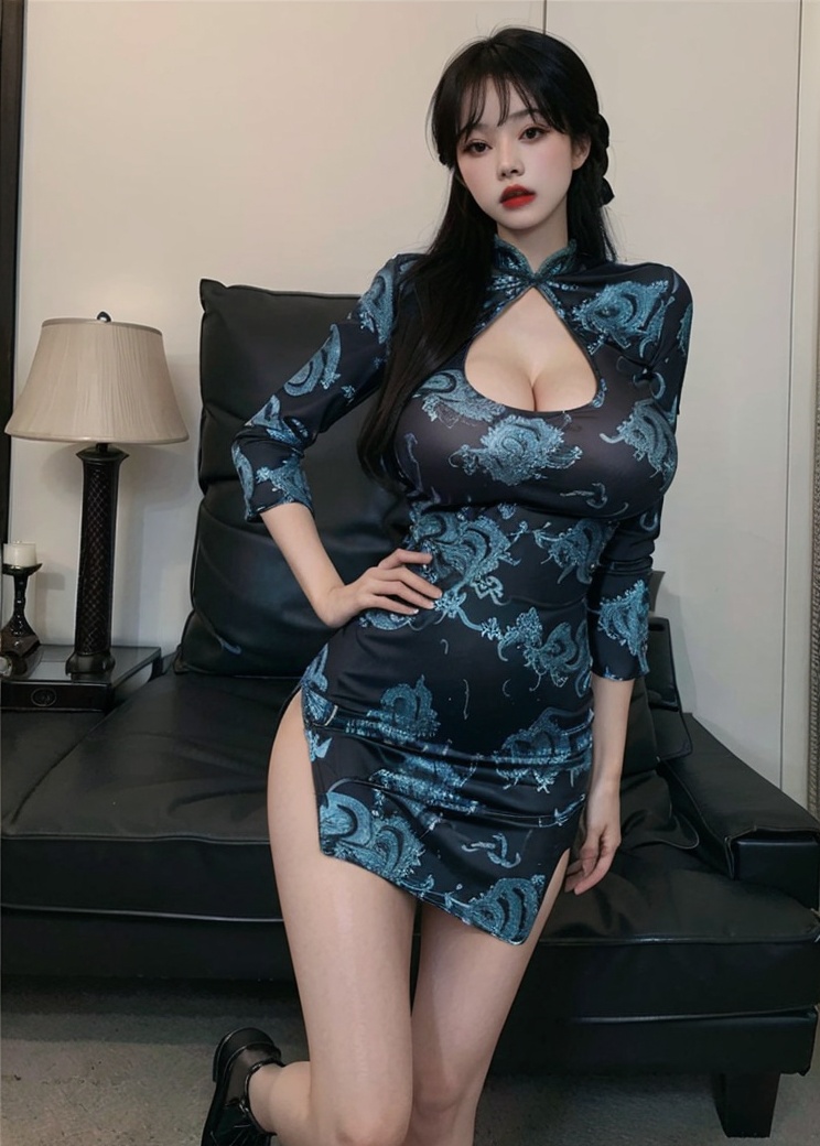 (masterpiece, best quality:1.4),finely detailed,1girl,solo,pale skin,perfect body,(gigantic breasts:1.3),standing,<lora:killer性感蓝色旗袍v1.0-000008:0.8>,blue dress,china dress,chinese clothes,clothing cutout,