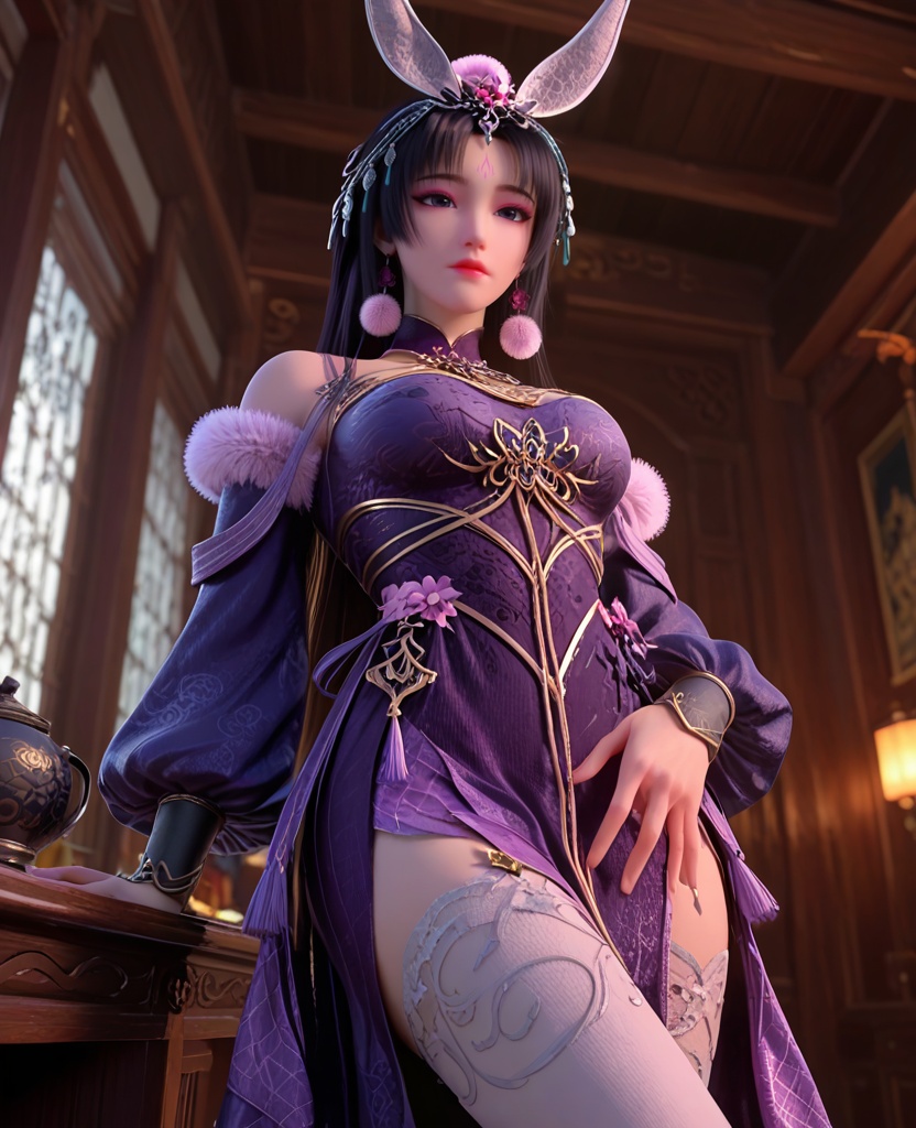 (oriental architecture, elegant decor, sophisticated style:1.1),(With hips tilted to one side, hands resting just below her waist, she showcases a coy allure that's hard to resist:1.1),(breasts:1.2),<lora:XL暗河传慕雨墨:0.95>,miss muyumo,purple halter dress,pom pom \(ornament\),rabbit ears hair ornament,jewelry,puffy long sleeves,forehead mark,fur trim,black hair,long hair,purple eyes,parted bangs,white thighhighs,, score_9,score_8_up,score_7_up,score_6_up,score_5_up,score_4_up,3d rendering,tag1,tag2, Cinematic Lighting,backlighting,