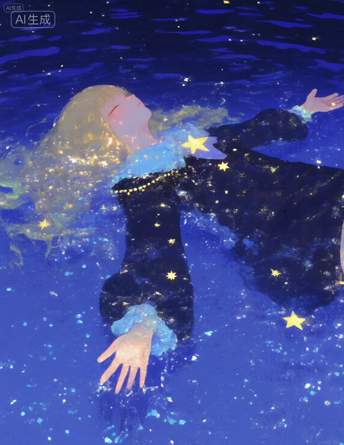 cxs,一位金发少女漂浮在深蓝色的水中,她的表情宁静而安详,她穿着一件黑色的衣服,衣服上点缀着星星和光点,仿佛与周围的水融为一体,水面上闪烁着微光,营造出一种梦幻般的氛围,少女的手臂轻轻展开,手掌向上,似乎在感受水的温柔触感,整个画面充满了神秘和宁静的气息,仿佛将观者带入了一个超现实的世界,, Negative prompt: ng_deepnegative_v1_75t,(badhandv4:1.2),EasyNegative,(worst quality:2),,nsfw, Steps: 30, Sampler: Euler, CFG scale: 5.0, Seed: 4049367815, Size: 1140x1472, Model hash: 98763a1277, Model: Qwen-Image_1.0.safetensors, Denoising strength: 0, RNG: CPU, Lora 1: dtrtyy6u, Lora Hash 1: ed08c0a356, Lora Weight 1: 1.0, vae_name: automatic
