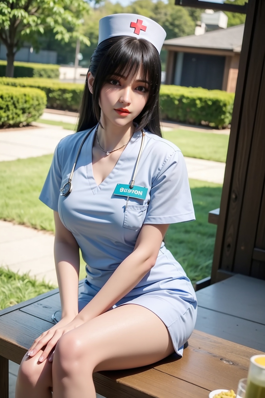 ultra realistic 8k cg,picture-perfect face,perfect face,beautiful face,masterpiece,fantasy,detailed background,realistic,perfect female body,curvy body,1girl,solo,long hair,sky,outdoors,(thin legs),<lora:QiLinmeizi:0.65>,sitting,((nurse)),keep your hands on your chest,smile,