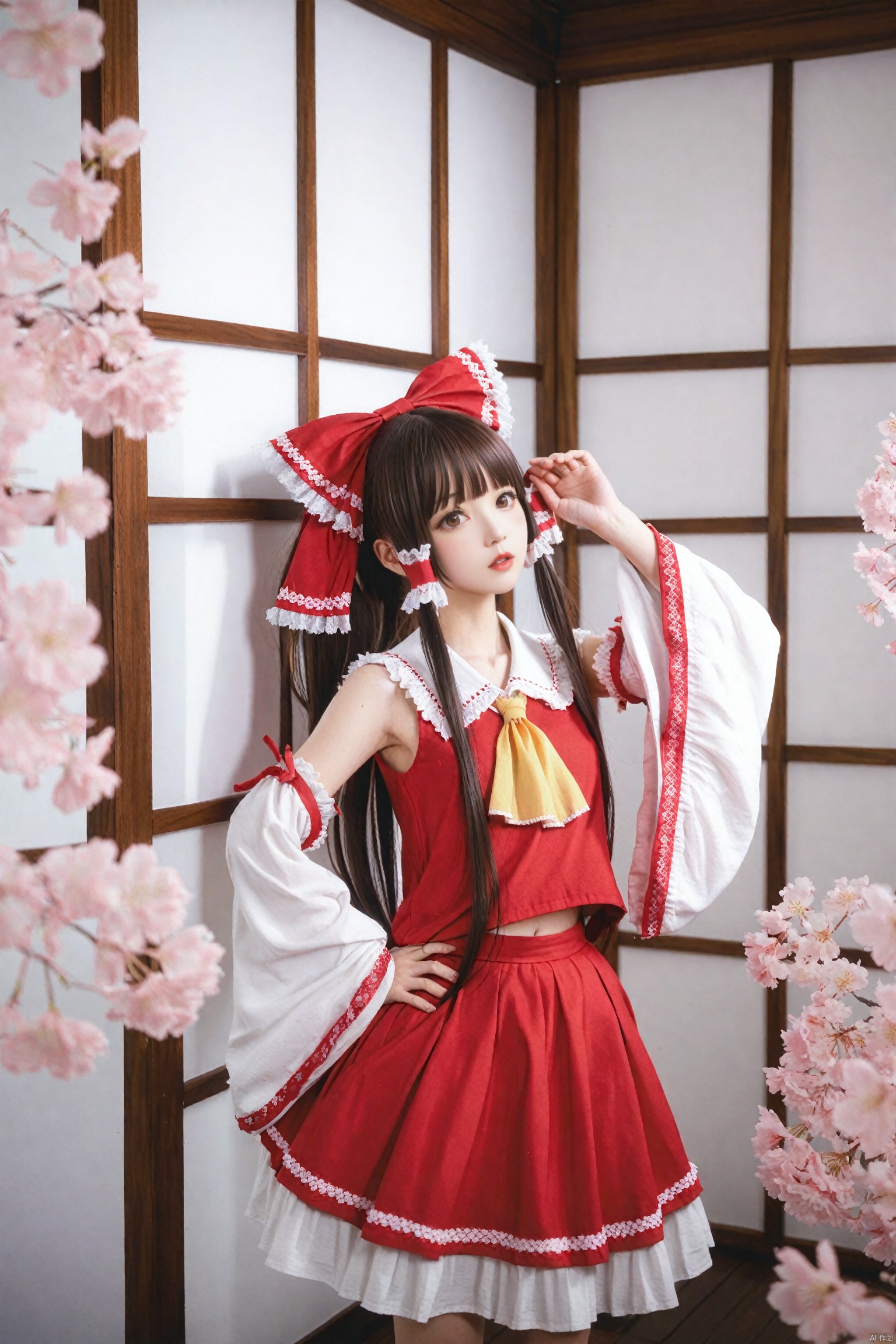 masterpiece,Realism,best quality,loli,1girl,hakurei reimu,bow,solo,hair bow,hair tubes,red bow,ascot,red skirt,detached sleeves,frills,hand on own hip,skirt,long hair,realistic,wide sleeves,brown hair,yellow ascot,blurry,frilled bow,frilled shirt collar,ribbon-trimmed sleeves,red lips,cherry blossoms,ribbon trim,shirt,lips,sidelocks,skirt set,parted lips,looking at viewer,makeup,sliding doors,red shirt,depth of field,hand up,indoors,red vest,brown eyes,sleeveless shirt,lipstick,blurry foreground,arm up,ponytail,flower,black hair,sleeveless,black eyes,dutch angle,long sleeves,ribbon,parody,cowboy shot,vest<lora:EMS-344883-EMS:0.400000>, <lora:EMS-288516-EMS:0.000000>, <lora:EMS-300688-EMS:0.000000>, <lora:EMS-301024-EMS:0.300000>, <lora:EMS-339656-EMS:0.000000>, <lora:EMS-324355-EMS:0.000000>