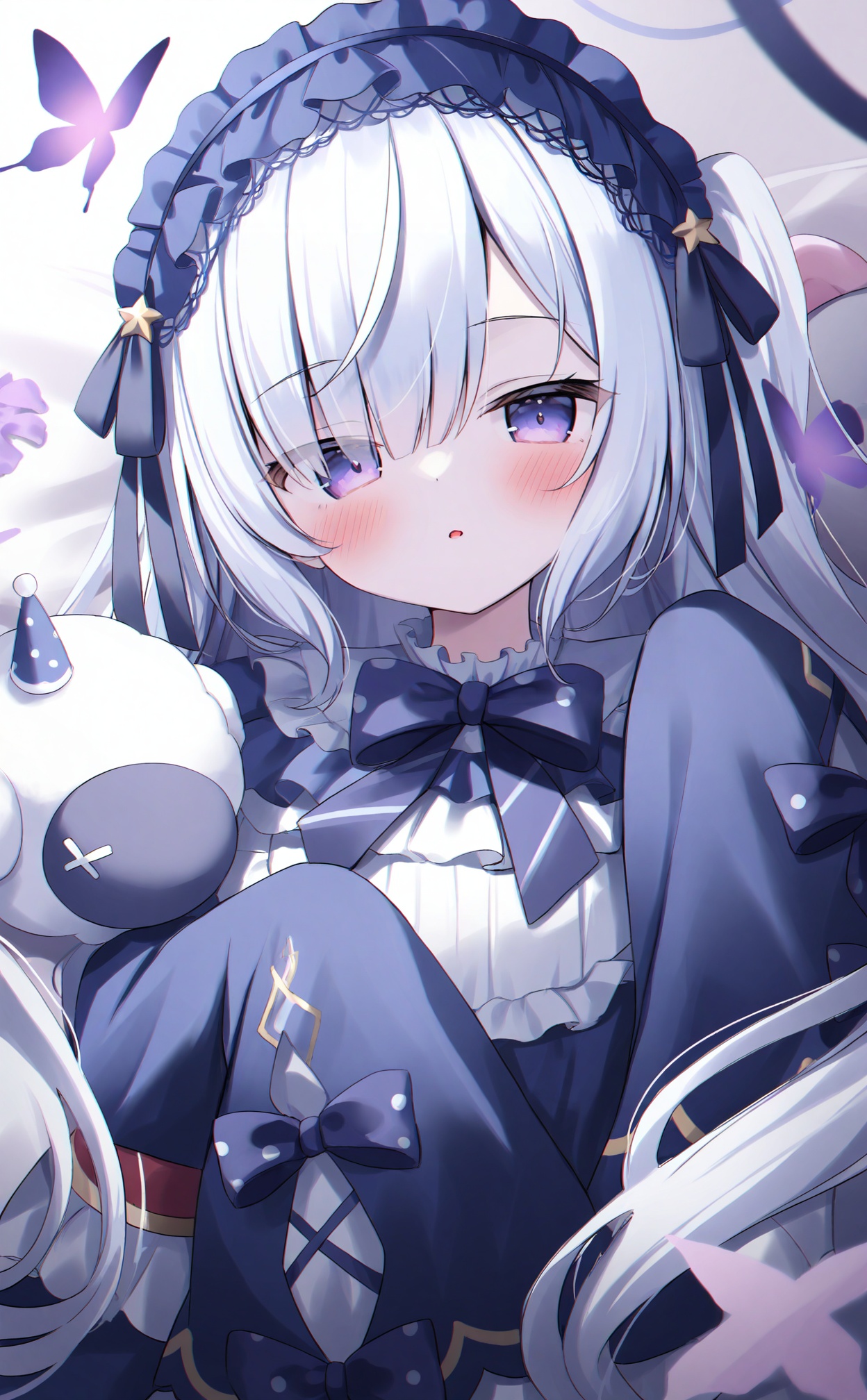 masterpiece,absurdres,best quality,loli,petite,high quality,chromatic_aberration,//,natsume_an-an, 1girl, virtual_youtuber, purple_eyes, solo, long_hair, hair_over_one_eye, sleeves_past_fingers, looking_at_viewer, stuffed_toy, white_hair, stuffed_animal, sleeves_past_wrists, blue_hair, dress, long_sleeves, lolita_hairband, hairband, blush, frilled_hairband, blue_hairband, bug, frills, bow, lolita_fashion, parted_lips, blue_dress//,//,<lora:natsume_an-an——【noob】hans:0.5>,<lora:guizhencao2——【noob】hans:0.5>,