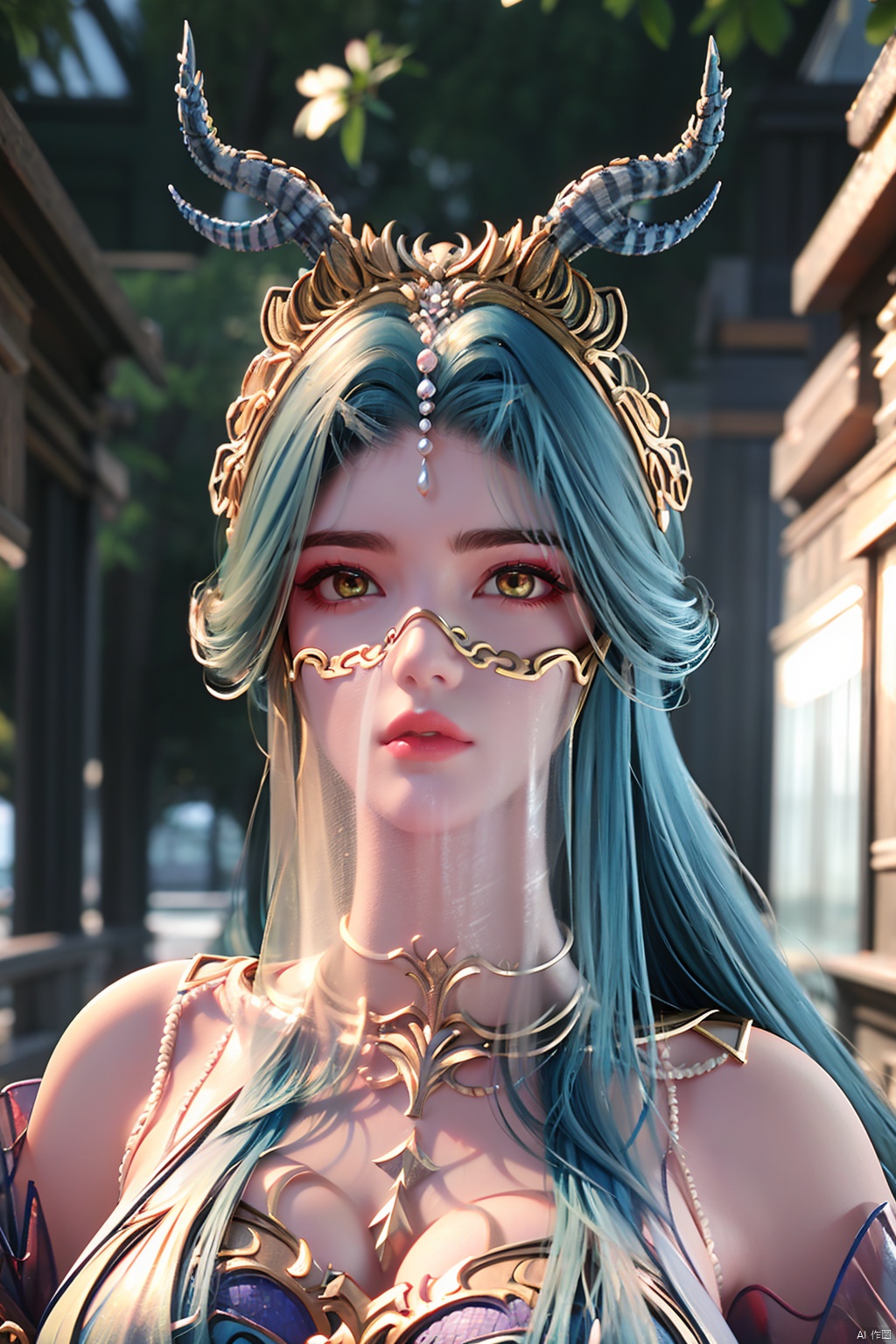 1girl, solo, long hair, looking at viewer, bare shoulders, closed mouth, blue hair, yellow eyes, upper body, horns, blurry, lips, blurry background, veil, realistic<lora:EMS-346315-EMS:0.700000>, <lora:EMS-410555-EMS:0.800000>