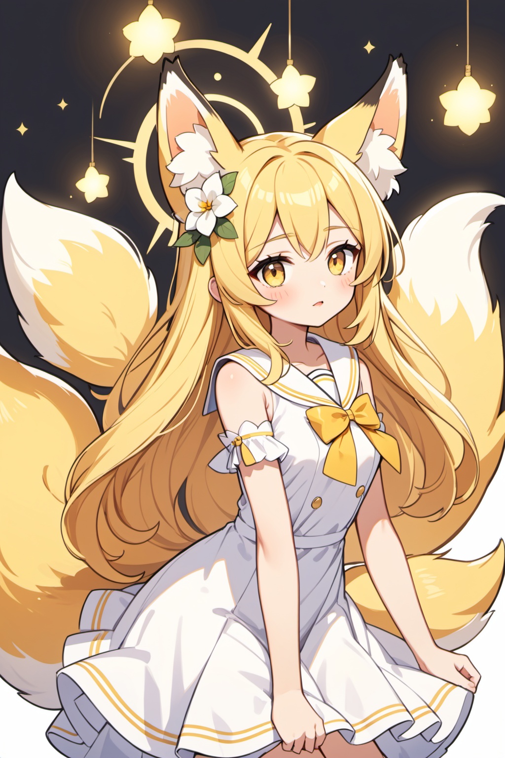 1girl,animal ears,white background,simple background,detached sleeves,fox ears,blonde hair,halo,long hair,looking at viewer,dress,yellow eyes,hair ornament,flower,white dress,forehead,white sailor collar,sleeves past wrists,bangs,tail,sailor collar,fox tail,sleeveless,blush,parted bangs,animal ear fluff,bird,hair flower,backlight,, masterpiece,best quality,very aesthetic,absurdres,