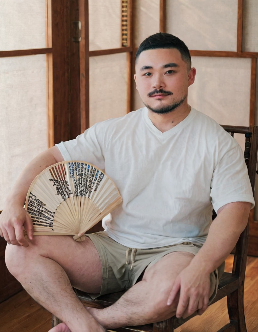 XLCNIBOBO, solo, looking at viewer, short hair, shirt, black hair, 1boy, holding, sitting, white shirt, male focus, shorts, indoors, feet out of frame, facial hair, chair, thick eyebrows, muscular male, bara, hand fan, beard, mature male, realistic, mustache, very short hair, photo background, leg hair, arm hair, reference inset  <lora:SDXL.亚洲百福萌XLCNIBOBO9:0.86>