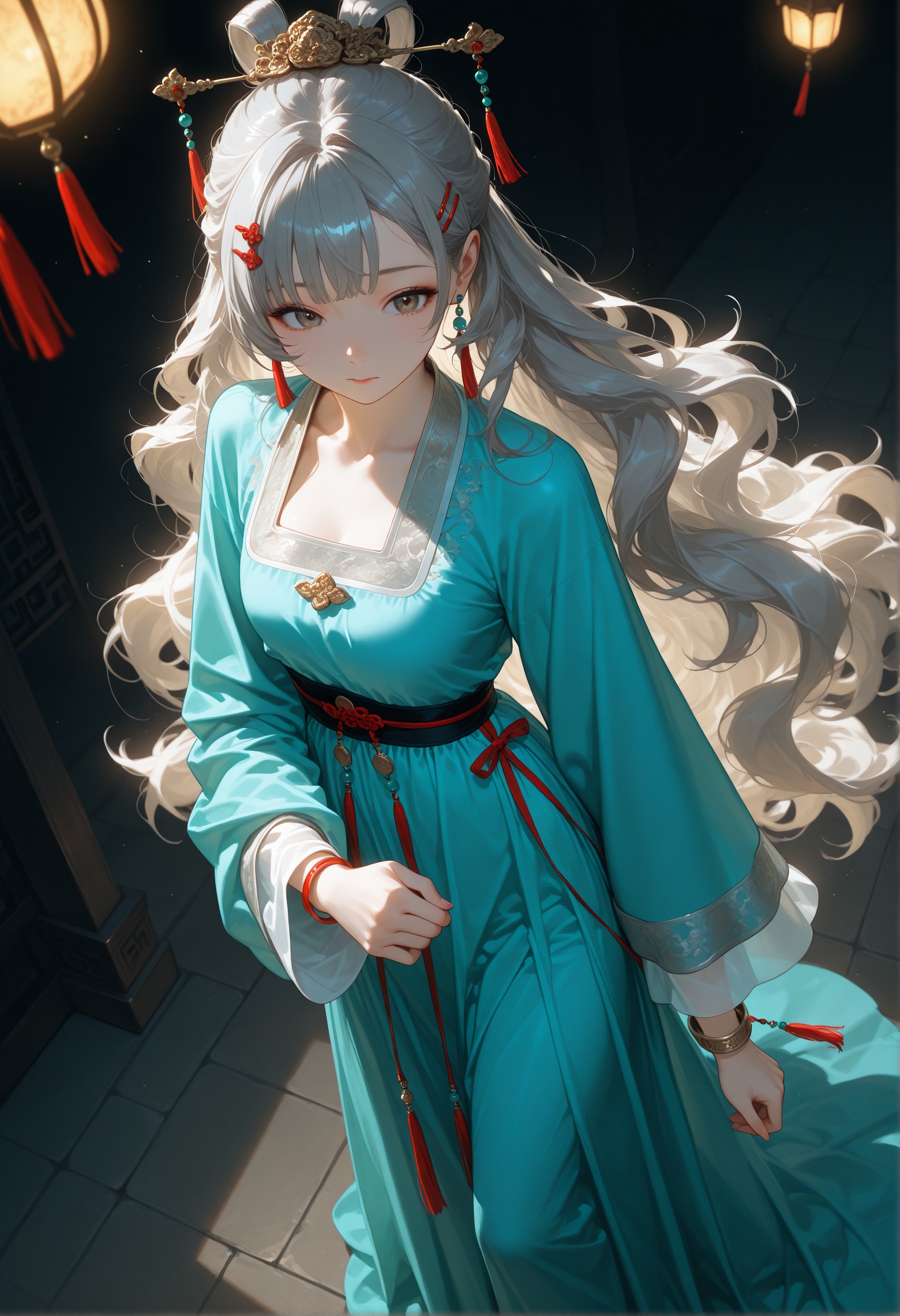 from_above,dramatic lighting,cold colors,1girl,Gray hair,air bangs,very long hair,thick hair,fluffy hair,Chinese clothing,very long dresses,hair accessories,hairpins,loose sleeves,long sleeves,bracelets,earrings,Hanfu,fine costumes,fine textures,girl standing beside the peach tree in a daze,flapping her hair,