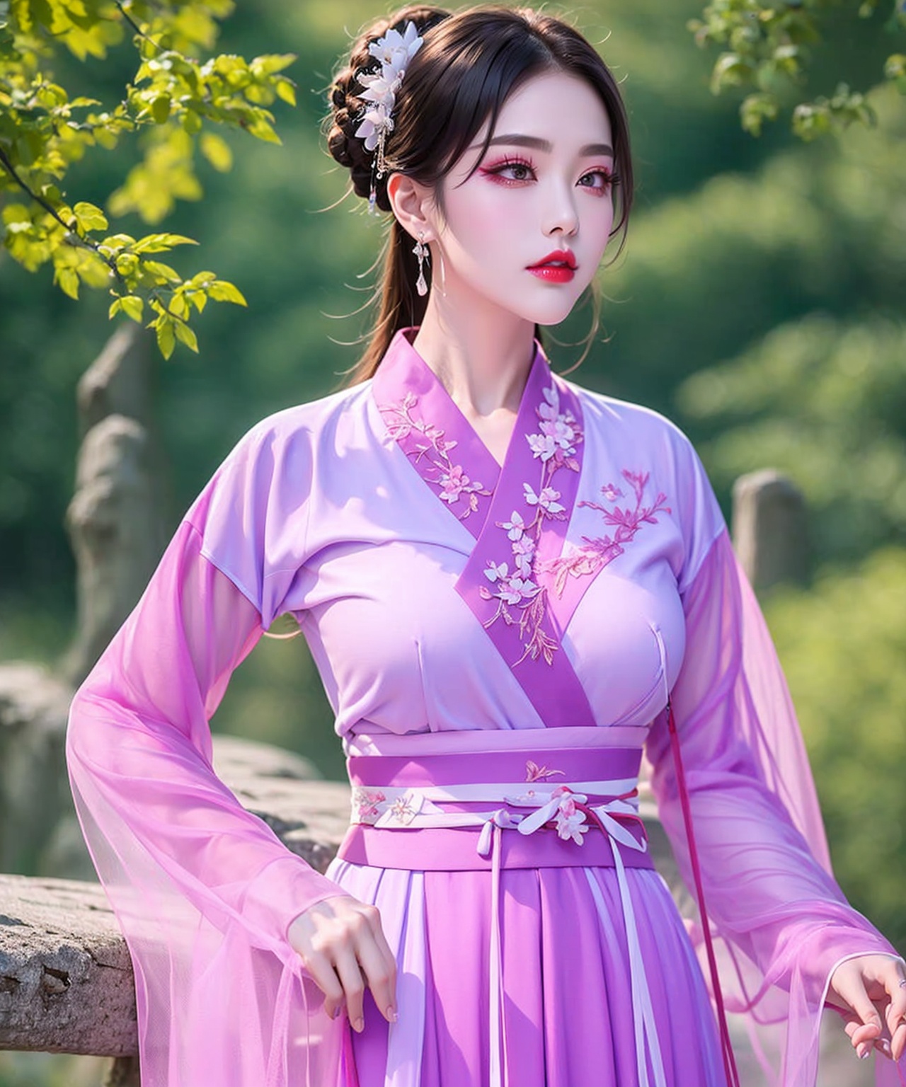 1girl,jewelry,red_lips_,lipstick,applying_makeup,diamond drop earrings,eye makeup,solo,black hair,<lora:汉服眼妆1.3:0.5>,in the forest,purple,plump breasts,close-up,purple hanfu,<lora:汉服紫色交领1.2:0.9>,front,standing,