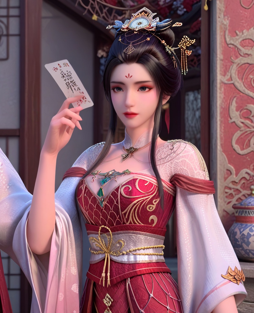 (oriental architecture, elegant decor, sophisticated style:1.1),(leaning against the wall:1.1),(breasts:1.2),<lora:XL暗河传医者白鹤淮:0.95>,miss baihehuai,chinese clothes,detached collar,red corset,red overskirt,hair bun,black hair,hair ornament,hanging hair,forehead mark,black eyes,shoulder mesh,jewelry,floral print,, score_9,score_8_up,score_7_up,score_6_up,score_5_up,score_4_up,3d rendering,tag1,tag2, Cinematic Lighting,backlighting,