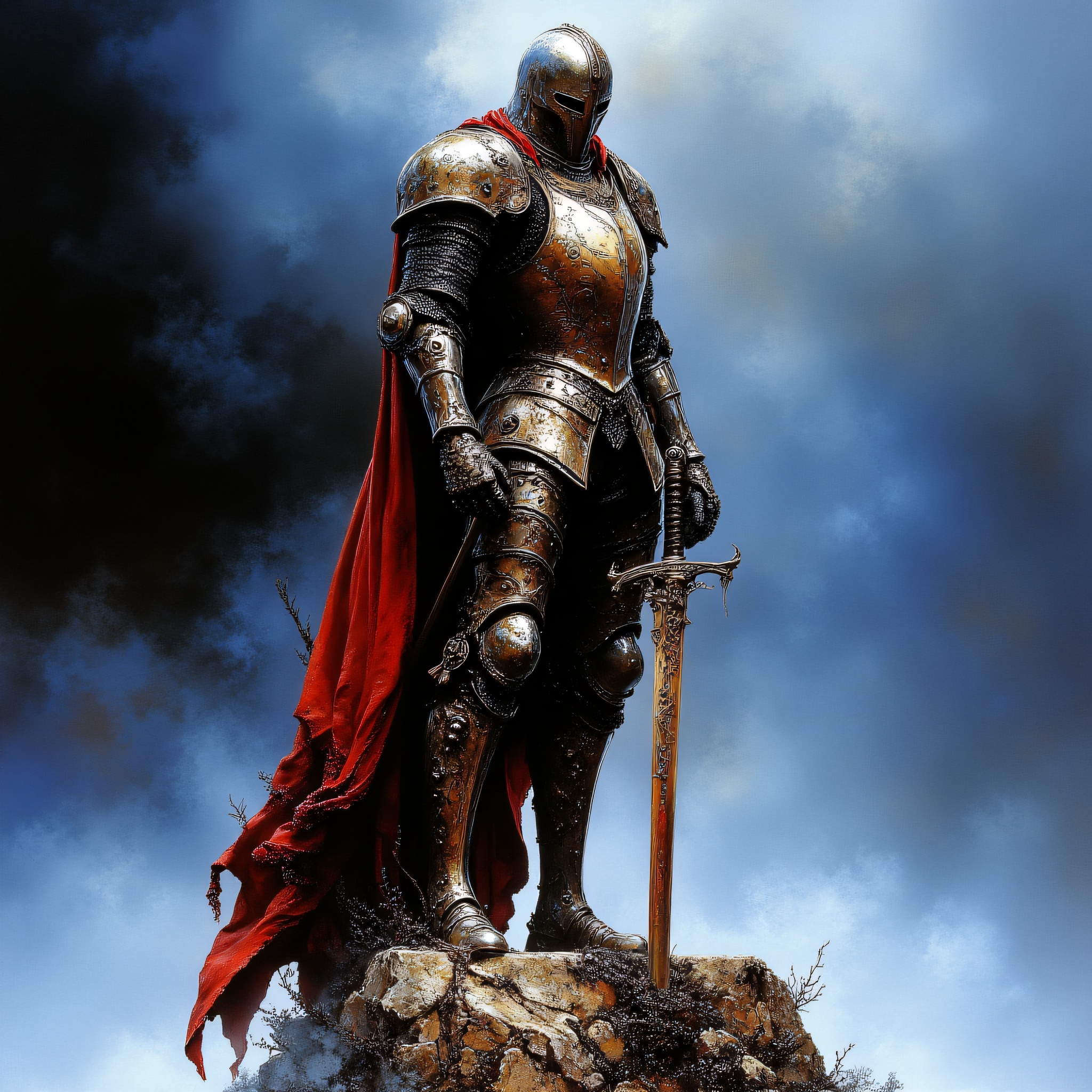 ArsMJStyle, Etherial Gothic, The image shows a knight in full armor holding a sword in one hand and standing atop a rock. The knight is wearing a helmet and a cape and the background is a mix of blue black and white., armor, weapon, sword, solo, helmet, cape, planted, 1boy, planted sword, full armor