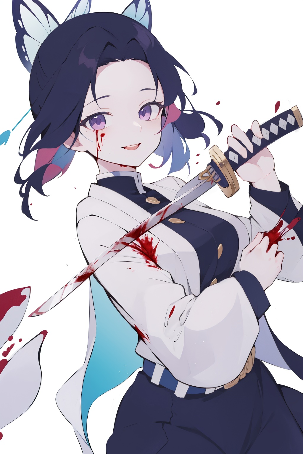 1girl, kochou shinobu, solo, breasts, looking at viewer, smile, simple background, long sleeves, white background, holding, closed mouth, sword, holding weapon, blood, katana, sheath, blood on face, blood on clothes, white belt, artbook,<lora:lbc_hudieren240323_v1.0>,