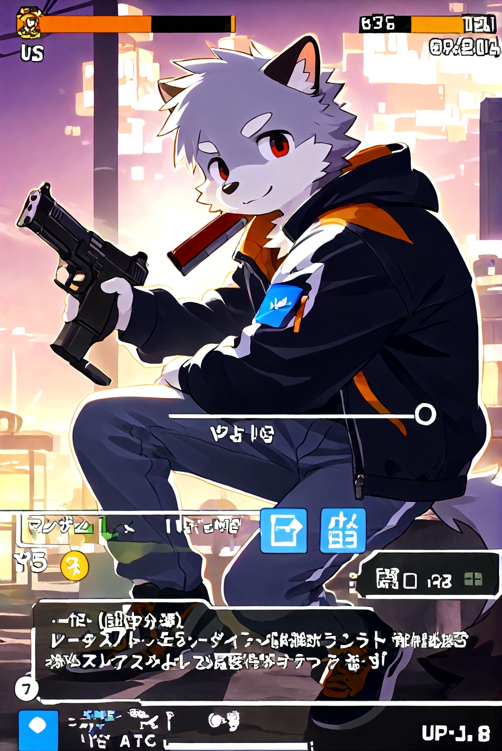 furry,1boy,random action,game ui,status_bar,game style,<lora:Akira茗:0.5>,