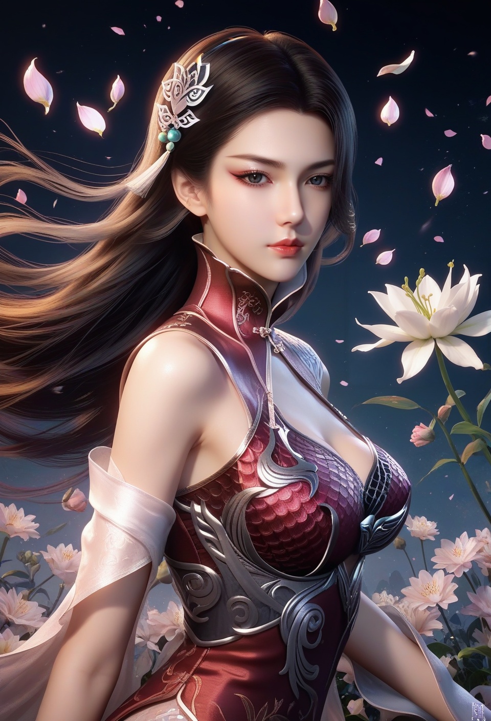 china,score_9,score_8_up,score_7_up,break.,1girl,lily,solo,flower,petals,flower,jewelry,looking at viewer,wind,china,hair ornament,red lips,china outfit,1girl,solo,dynamic pose,pale skin,<lora:NM_田言:0.8>,