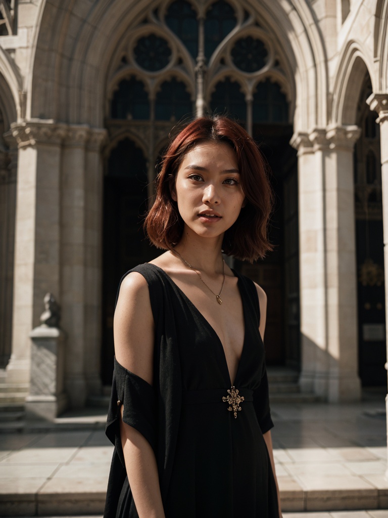 portrait of beautiful asian fashion model with pale red hair,  ethereal dreamy foggy,  photoshoot by Annie Leibovitz on Te...