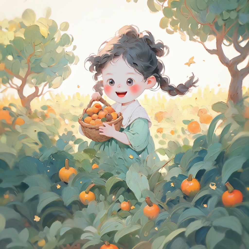 <lora:sfch-000006:0.9>,4k,Autumn,first frost solar term,persimmon tree,covered with persimmons,persimmons with frost,a little girl holding a basket to pick persimmons,she wore two braided hair,wearing a headscarf,wearing a long skirt,wearing a red scar,eyes big,red face,laughing eyes on covered is young on,narrowed into a sea am,the picture warm tone,warm,beautiful background colorful background forest background,simple detail tuyafengge Disney Little Man 001KIDS ILLUSTRATION MBE_style bichu,oil painting,Impressionism mjtyhz,