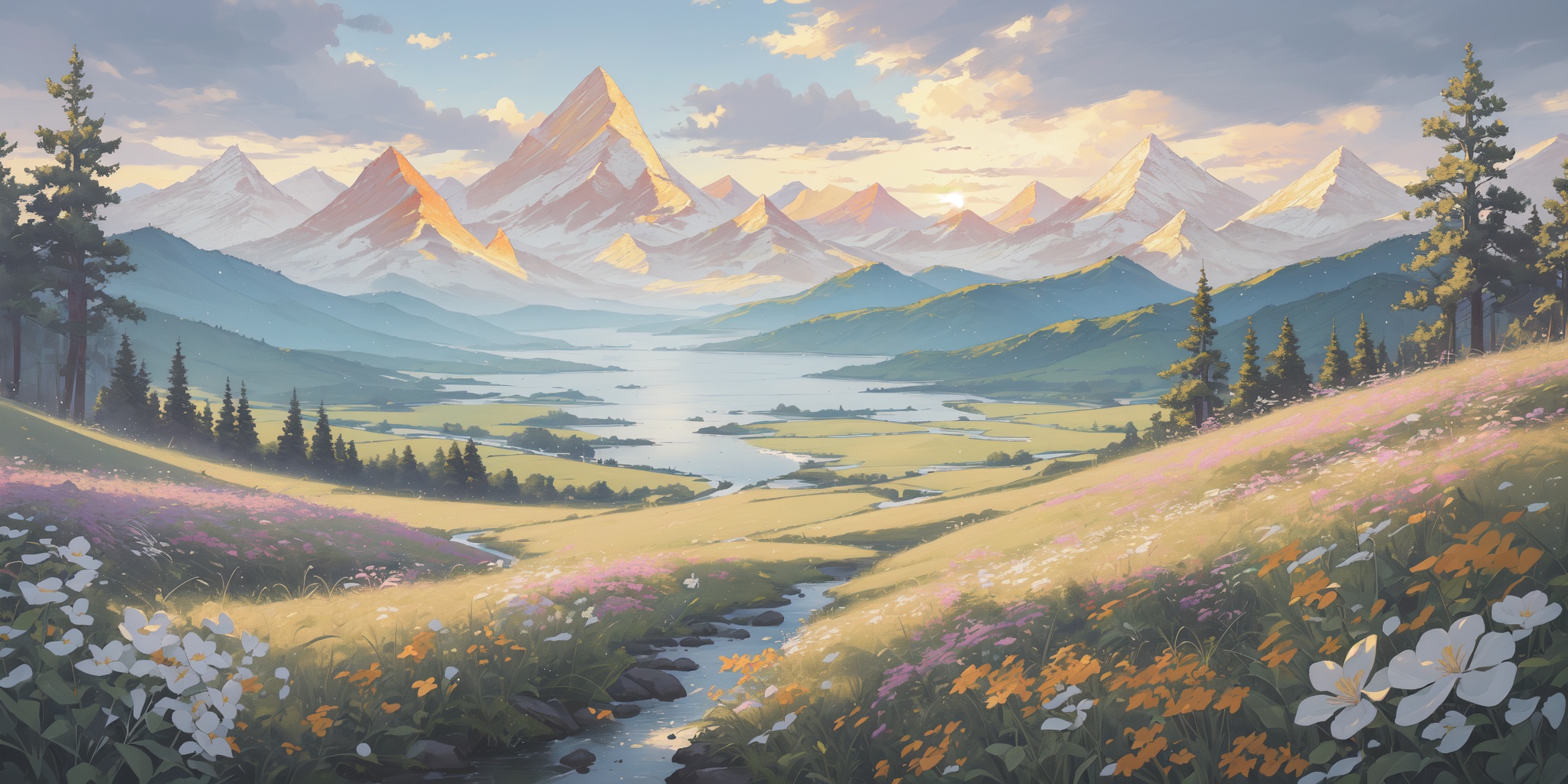 scenery,outdoors,light particles,beautiful detailed sky,beautiful detailed glow,best shadow,panorama,(Mountains, Snow, Peaks, Glacier, Ice, Clouds, Sunlight:1.3),(Mountain peak, Sunrise, Hiking trail, Morning colors, Summit view, Adventure:1.2),(Meadow flowers, Butterflies, Wildflower carpet, Springtime blooms, English landscape, Meadow breeze:1.1),(masterpiece, best quality, beautiful and aesthetic:1.3),extremely detailed CG,ultra-detailed,beautiful concept illustration,illustration,extremely fine and beautiful,perfect details,<lora:YOUHUA-000018:1>,oil painting \(medium\),