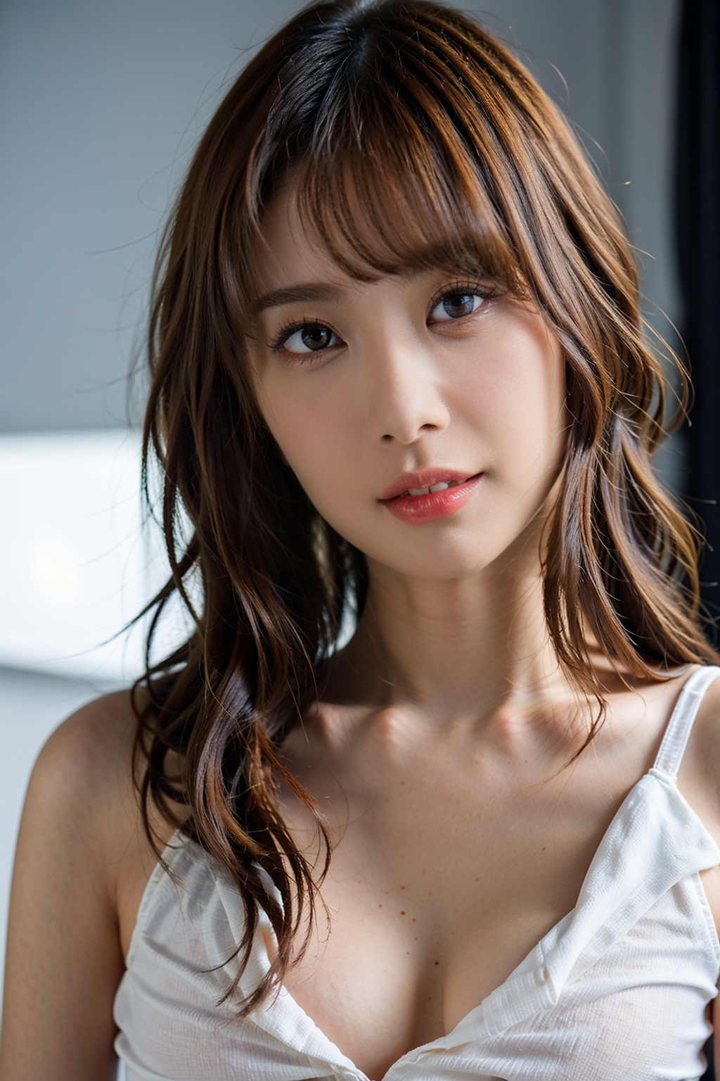 <lora:Rion_20240430181133-000009:0.7>,Rion,1girl,solo,brown hair,realistic,looking at viewer,long hair,parted lips,shirt,head tilt,lips,bangs,brown eyes,white shirt,grey background,smile,simple background,<lora:faceoil:1.3>,, best quality,super detailed,realistic,photorealistic,8k,sharp focus,sharp edge,sharp line,symmetry,realistic,real life,photography,masterpiece,best quality,HDR,film grain,blurry background,bokeh:1.2,lens flare,(vibrant color:1.2),
