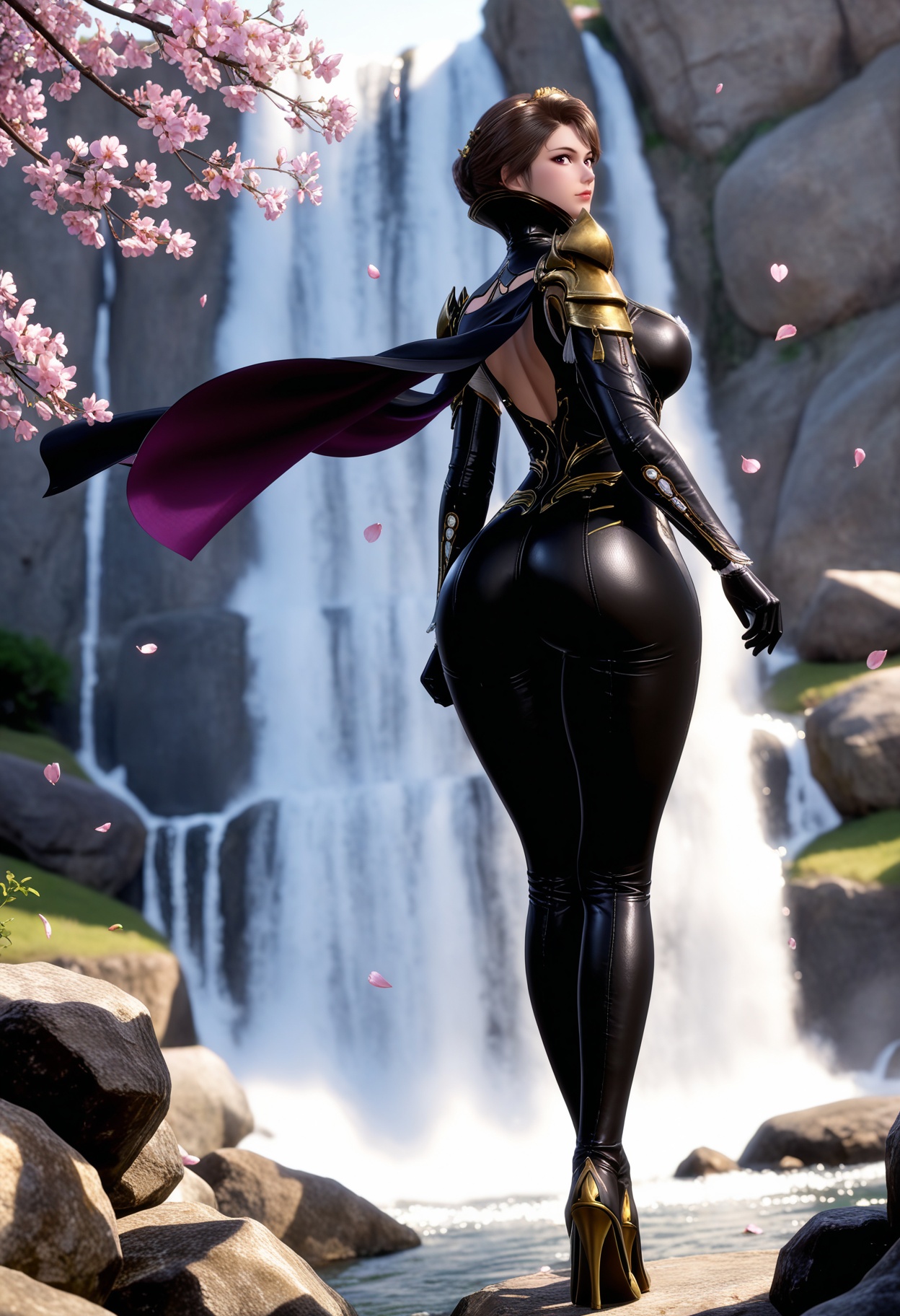 masterpiece,best quality,amazing quality,high resolution,ultra-detailed,absurdres,(looking at viewer:1.1),(moody lighting:1.1),waterfall,peach blossom,falling petals BREAK large breasts,cleavage,huge ass,narrow waist,wide hips,zhuzhuyun,1girl,solo,short hair,brown hair,bodysuit,gloves,high collar,armor,purple eyes,cape,shoulder armor,hair ornament,makeup,clothing cutout,black bra,lace-trimmed bra,black gloves,high heels,(thick_thighs:1.1),from behind BREAK photorealistic details,<lora:QQSillzhuzhuyunV1:0.8>,