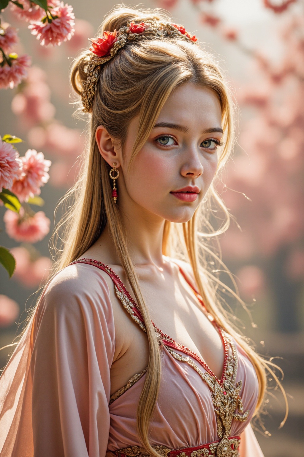 A highly detailed, digital painting depicts a stunning, ethereal woman with fair skin and delicate features whit blonde long hair. She wears an ornate silk dress with a flowing cape, Her hair is styled in an intricate updo adorned with red and gold accessories. The background is a scene of blooming flowers, and the sunlight is warm and soft.