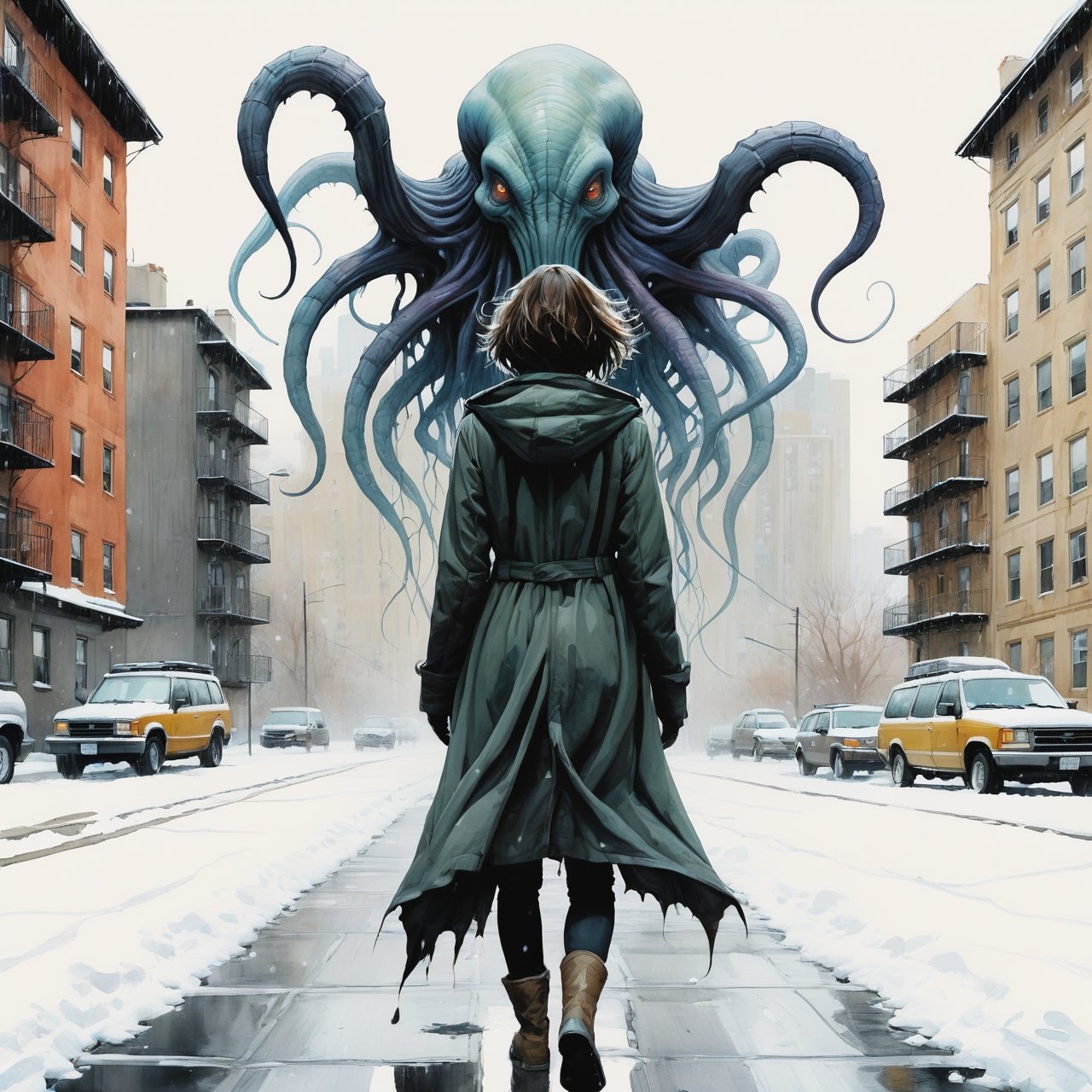 watercolor art stylized by Conrad Roset and Jeremy Mann, Digital art, wall Graffiti, fresco art of a (Female Mind Flayer:1.1) , she is very Weird, the Mind Flayer is Camping, Walking towards camera, Buzz cut hair, Apartment in background, Snowing, Very wide view, detailed, masterpiece