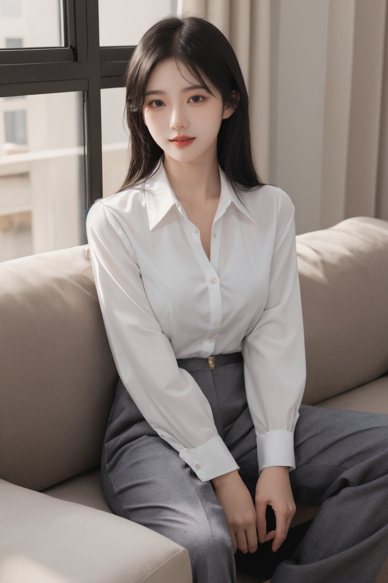 1girl, asian, black hair, brown eyes, buttons, couch, curtains, dress shirt, indoors, lips, looking at viewer, pants, realistic, shirt, sitting, smile, solo<lora:绘画美女1.0:0.66>