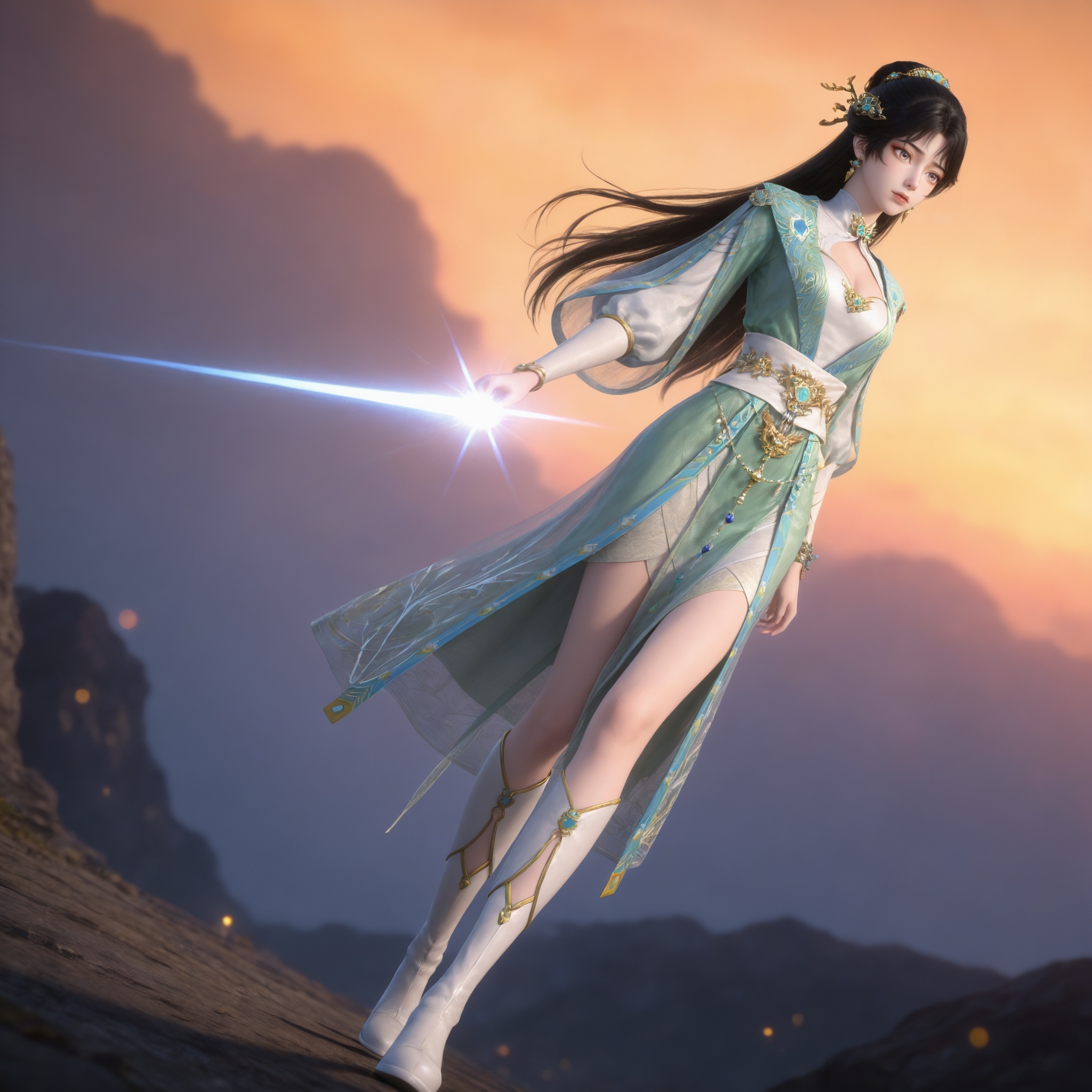 Nai3 style,realistic style photo,outstanding style,Use soft lighting to cast gentle shadows on the subject,adding a touch of dimension to your images without compromising details,whirls of vapor,(Anime:1.1),soft neon light,ethereal ambiance,delicate details,magical atmosphere,concept art,highly detailed,ultra-high resolution,32K UHD,sharp focus,best-quality,masterpiece,golden hour,unconventional supreme masterpiece,masterful details,temperate atmosphere,with a high-end texture,in the style of fashion photography,magazine style,Dynamic Angle,Dynamic posture,magazine style,Dynamic Angle,Dynamic posture,(cowboy_shot:1.2),eye trail,depth of field,cinematic lighting,lens flare,close-up,extreme aesthetic,(wlop:0.6),(honjou raita,lack,rella,wanke:0.5),masterpiece,best quality,good quality,newest,year 2025,very aesthetic,absurdres,Visual impact,A shot with tension,ultra-high resolution,32K UHD,sharp focus,best-quality,masterpiece,Emotionalization,unconventional supreme masterpiece,masterful details,temperate atmosphere,with a high-end texture,in the style of fashion photography,(Visual impact:1.2),giving the poster a dynamic and visually striking appearance, <lora:九阳武神-苏青洛IL:0.7> 1girl, black hair, long hair, hair ornament, jewelry, hair bun, green dress, long sleeves, cleavage cutout, sash, white footwear, chinese clothes, earrings, A shot with tension,(Visual impact,giving the poster a dynamic and visually striking appearance:1.2),impactful picture,(masterpiece, best quality:1.2),offcial art,colorful,splash of color,movie perspective,advertising style,magazine cover,(full body:1.5),Emotionalization,golden hour,unconventional supreme masterpiece,masterful details,temperate atmosphere,with a high-end texture,in the style of fashion photography,magazine cover,Dynamic Angle,Dynamic posture,