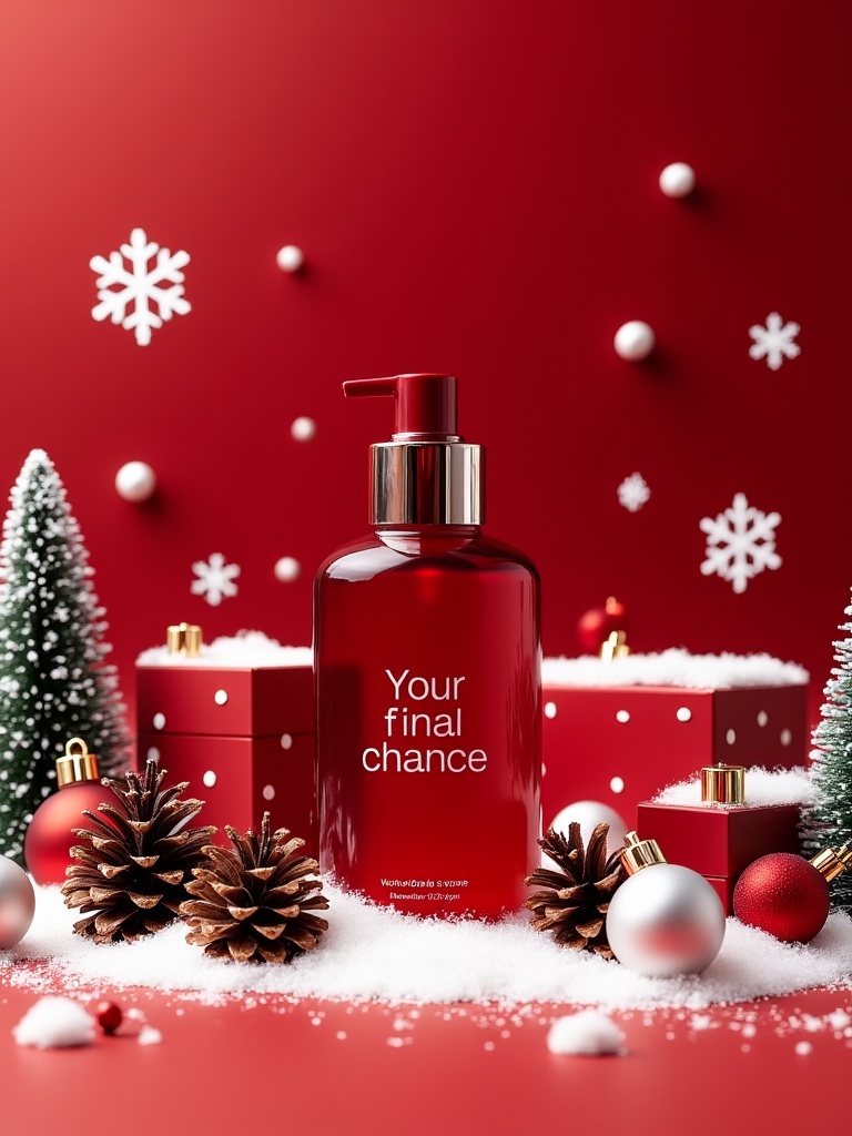 miluo_sdmz, Photograph of a festive, red-themed scene featuring a "Your final chance" red glass bottle with a pump dispenser, surrounded by red and white Christmas decorations, including ornaments, pine cones, and gift boxes. Snowflakes and a blurred red background enhance the holiday ambiance.<lora:miluo丨圣诞场景丨光影通透-flux-1.4:1>