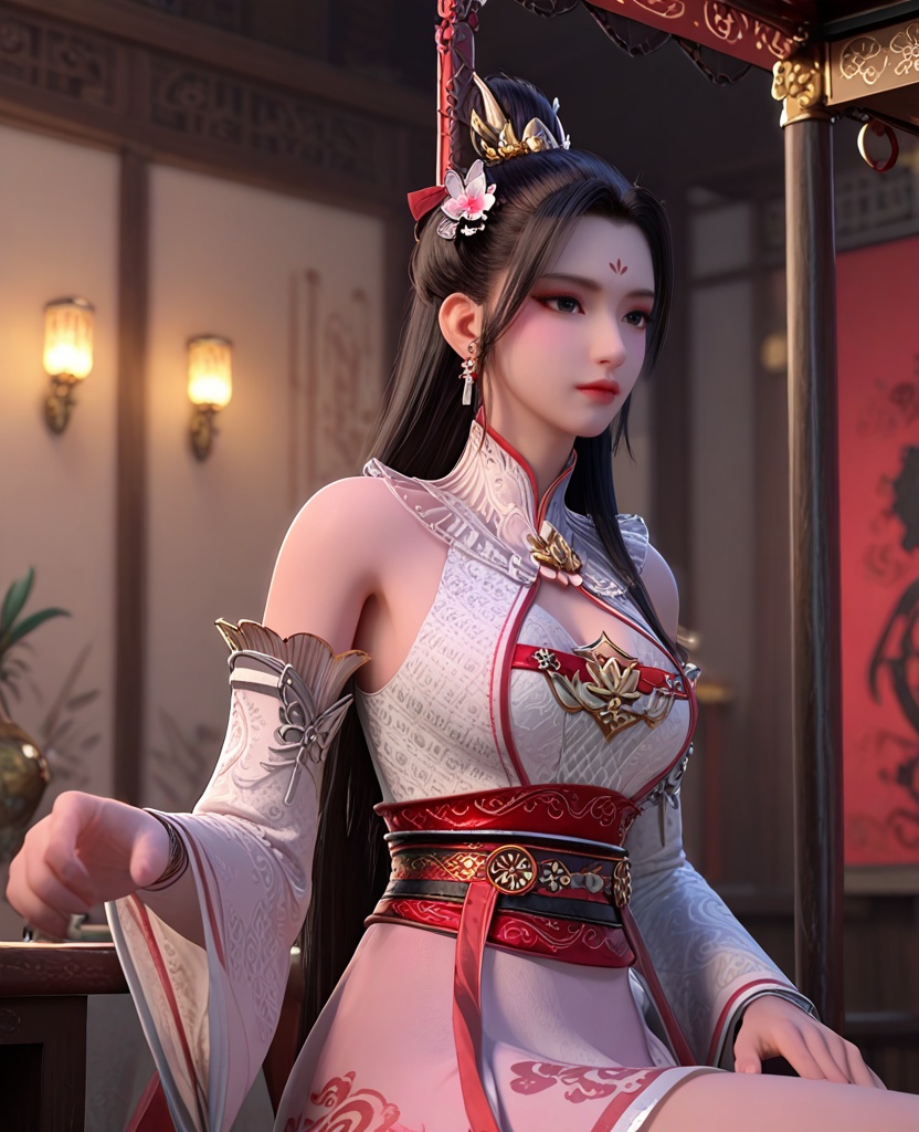 (oriental architecture, elegant decor, sophisticated style:1.1),(playing on the swing:1.1),(breasts:1.2),<lora:XL暗河传白鹤淮:0.9>,miss baihehuai,white dress,forehead mark,hair ornament,black hair,jewelry,detached sleeves,mesh print,black eyes,see-through detached collar,sash,pink overskirt,, score_9,score_8_up,score_7_up,score_6_up,score_5_up,score_4_up,3d rendering,tag1,tag2, Cinematic Lighting,backlighting,