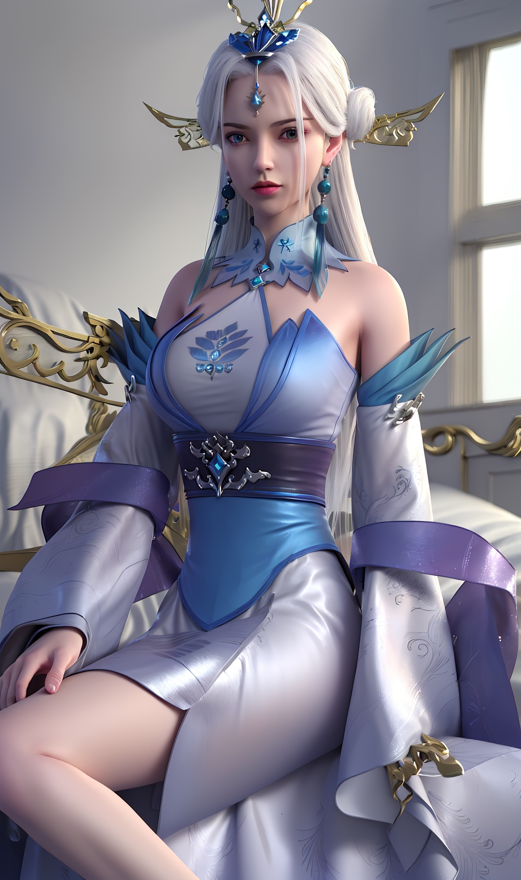 3D,masterpiece,(best quality),(makeup),official art, extremely detailed cg 8k wallpaper,((crystalstexture skin)), (extremely delicate and beautiful),(highly detailed),(face),(collar),tassel,,(wide_sleeves),,(tiara),(ribbon),(headpiece),(1girl), (solo), (jewelry), (earrings),(white_hair),(long_hair),(hair_ornament),(handwear),(breasts),(sitting),((upper_body)),(long_legs),(off-shoulder_dress),(closed_mouth),(long_skirt),(chinese_clothes),(dress),,(multicolored_clothes),(multicolored_dress),(shiny_clothes),(city,indoor,bed),(gown),((looking_at_viewer)),((Facing the camera)),, <lora:hipoly3DModelLora_v10:0.3>
