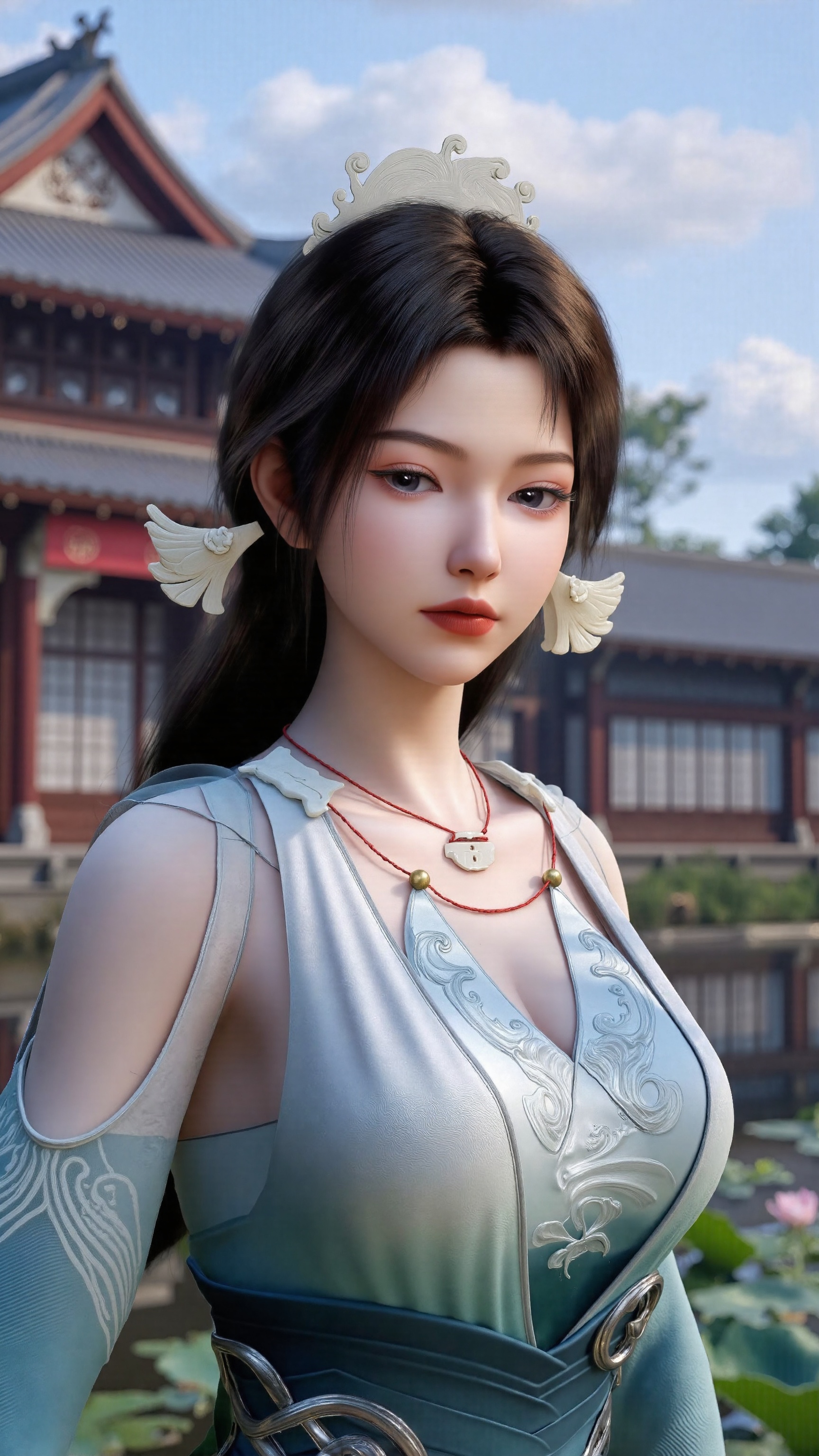 XsongyuYK,Xmupeiling,XlqyFHK,Xhanfududou,large natural breast,XheguangzhefandiYK,sfw,(masterpiece, best quality:1.2),1girl,navel,solo,midriff,bare shoulders,hair ornament,(long hair),(High double ponytail:1.49),red lips BREAK (looking at viewer:1.39),chinese clothes,(light purple dress:1.36),(lace:1.28) BREAK blurry,solo focus,long hair,lips,daytime,lipstick,outdoors,standing,upper body,(huge breasts:2.99),(full breasts:2.99),background,solo,makeup,Xyunxiao,(Lotus,Water Lily,Blue sky,full moon:1.39),(Lotus pond,ancient Chinese architecture:1.39),
