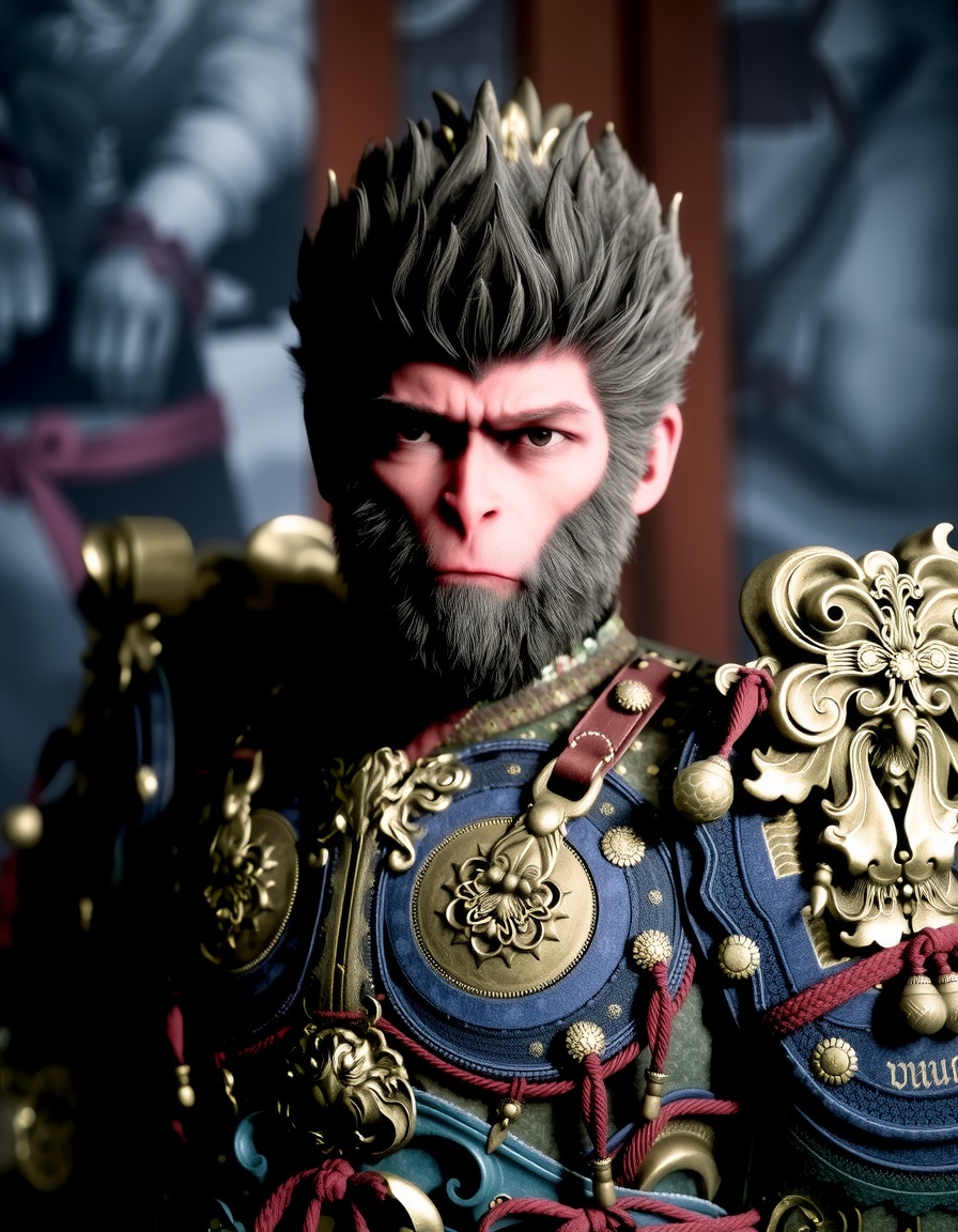 wukong,  This image is a highly detailed CGI rendering of an anthropomorphic monkey character,  likely inspired by traditi...