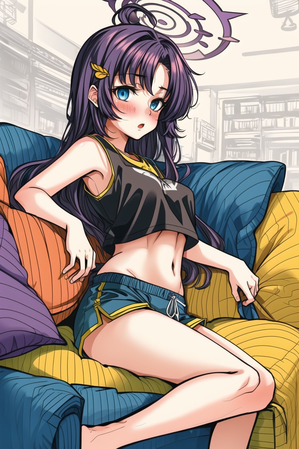 1girl,solo,long hair,breasts,looking at viewer,blush,open mouth,bangs,blue eyes,shirt,hair ornament,navel,bare shoulders,medium breasts,purple hair,thighs,lying,shorts,sleeveless,midriff,indoors,two side up,bare arms,black shirt,short shorts,sleeveless shirt,halo,on side,couch,blue shorts,on couch,yuuka \(blue archive\),<lora:秘密花园:0.8>,