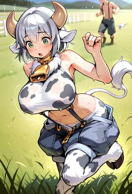 masterpiece, absurdres, best quality, ultra-detailed, newest, best quality, amazing quality, very aesthetic, depth of field,1girl, 20yo, large breasts,holstaurmge, animal ears, zipper, green eyes, streaked hair, neck fur, cow girl, animal legs, dark grey hair, monster girl, neck bell, cow print, cow print top, multicolored hair, cow ears, short hair, large breasts, cow tail, cowbell, navel, collar, two-tone hair, hooves, bare shoulders, white hair, unzipped, suspenders, cow horns, taut shirt, midriff, baggy shorts, blush, sweat, full body, loose clothes, standing, clumsy, tripping,looking at viewer,   detailed background,  grass, meadow,<lora:StS-Illustrious-Detail-Slider-v1.0:3>  <lora:illustrious_quality_modifiers_masterpieces_v1:0.5><lora:Dramatic Lighting Slider:3> <lora:holstaurmge-000007:0.8>