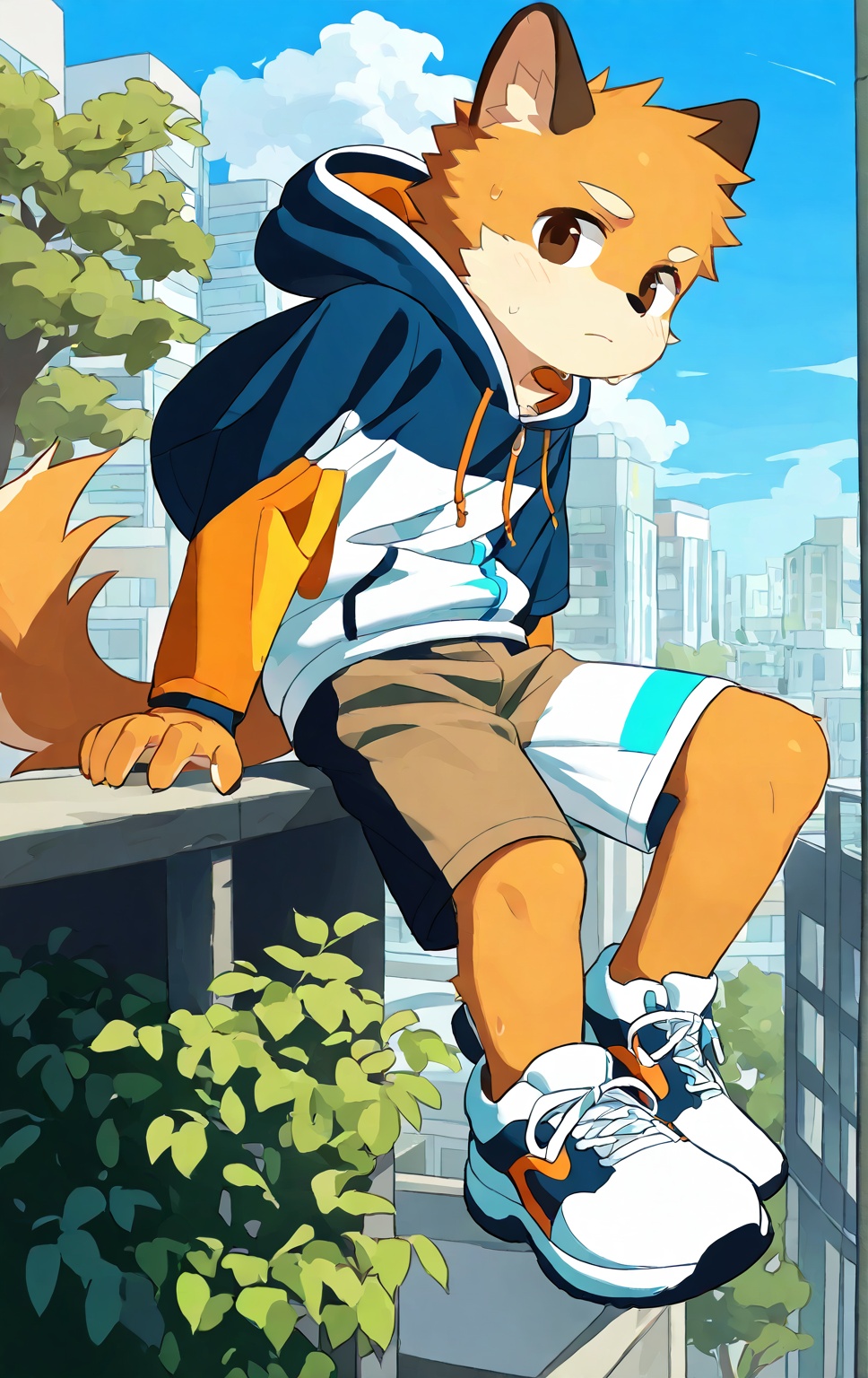 1boy,furry male,furry,male focus,solo,outdoors,orange fur,tail,tree,animal ears,shorts,sneakers,city,building,hood,shoes,sweat,hoodie,sky,brown eyes,day,
