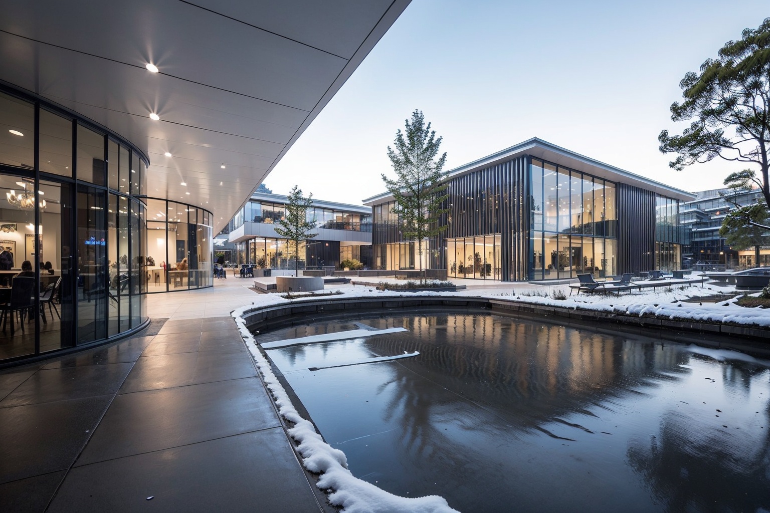 this is a curved building,white concrete,gradient texture,building,outdoors,Transparent glass,snow cover,snowy scenery,tree,sky,water,grass,day,blue sky,reflection,scenery,