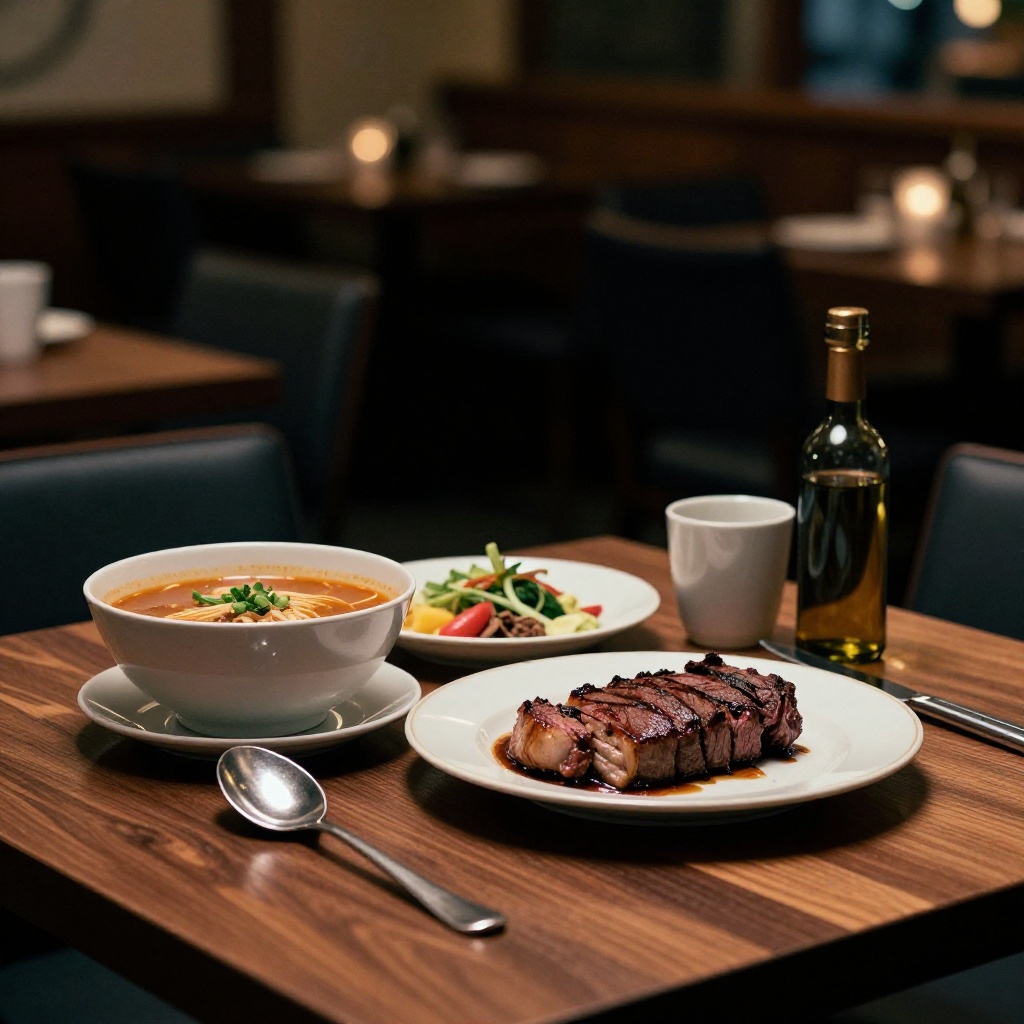 cinematic film still of Photorealistic cinematic photography of a table with a bowl of food and a plate of food,  perfect...