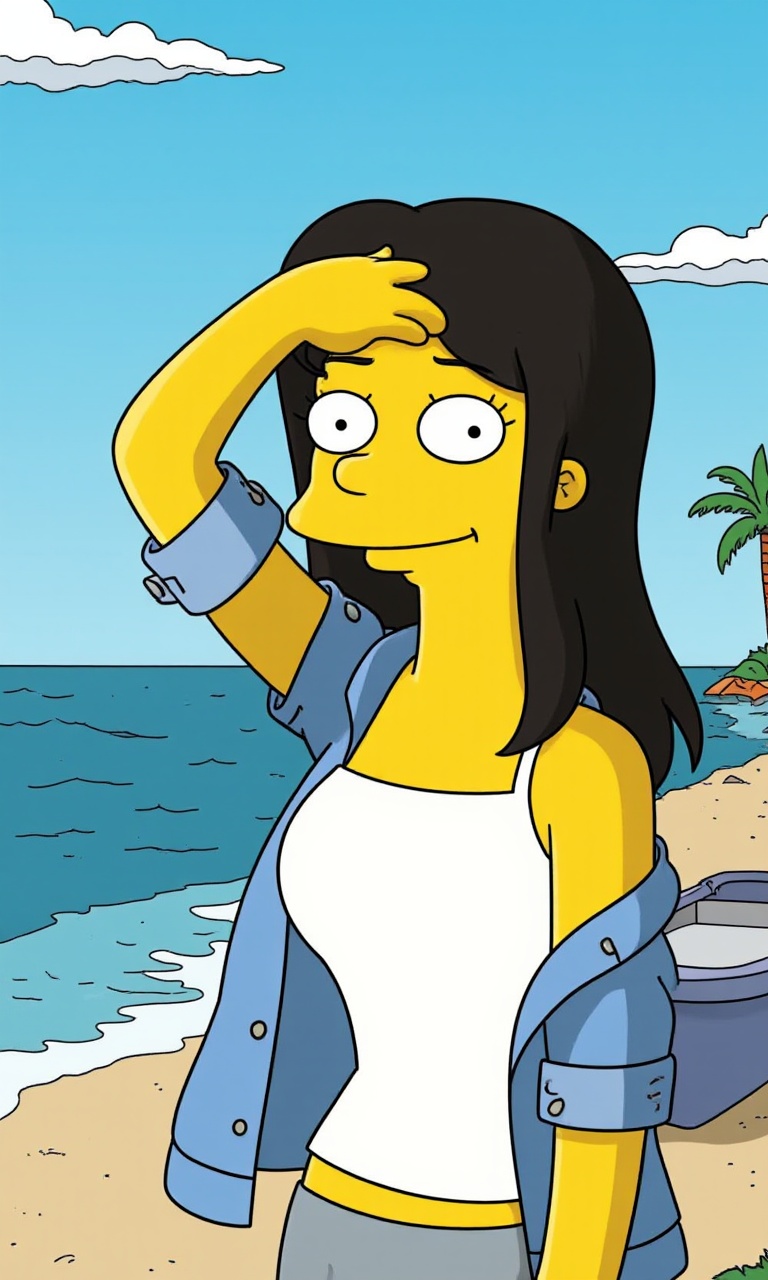 This is a high-definition cartoon-style image. "The Simpsons.", <lora:辛普森v2:1>,The subject of the photo is a young woman wearing a white **** top and a denim jacket, with the sleeves of the jacket rolled up. She has black hair that falls over her shoulders. Her right hand is raised, shielding it from the sun, as if she is enjoying the seaside view. The background shows a beach and the ocean, with waves crashing against the shore and a small boat moored on the beach.
