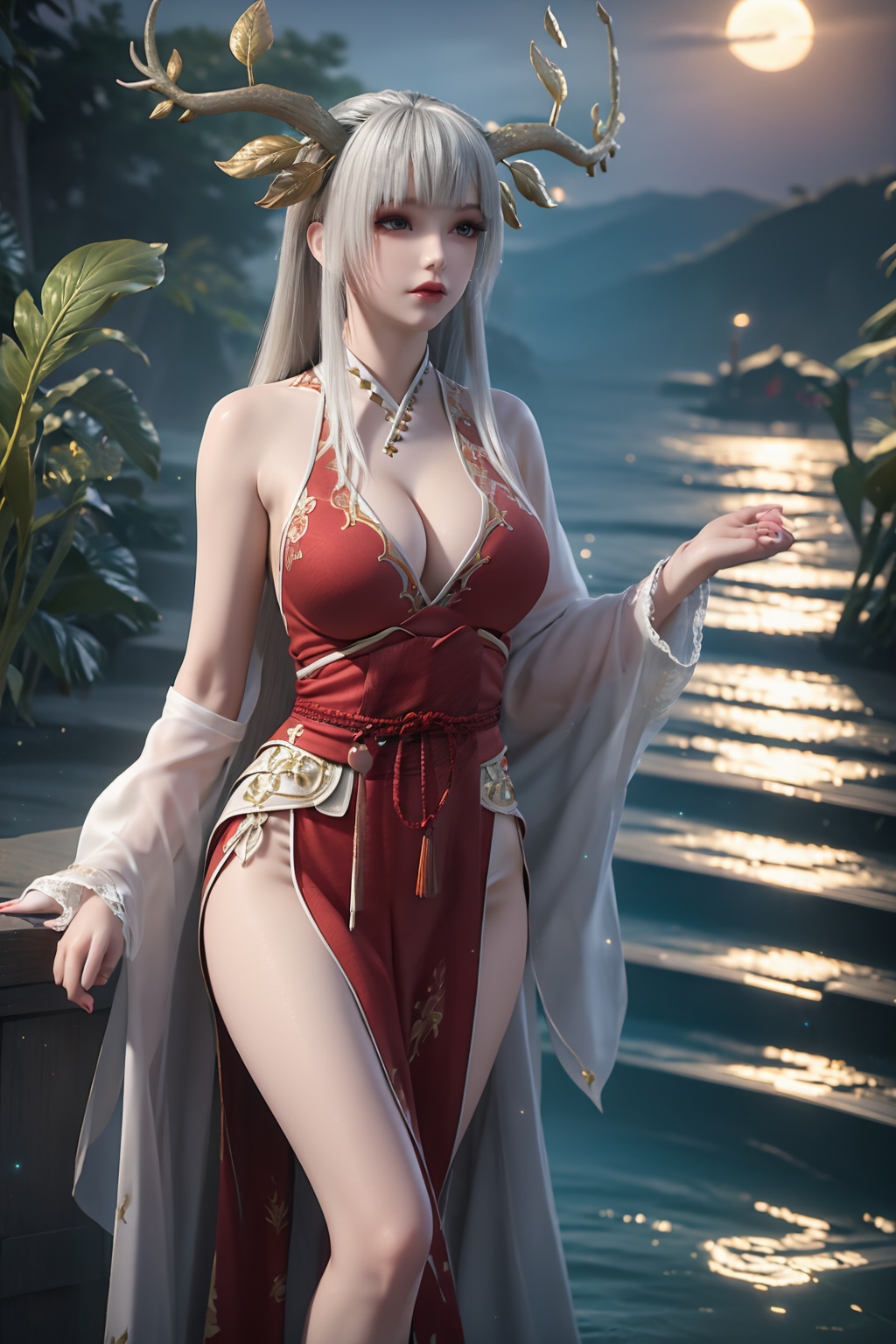 standing,dress,chinese clothes,flower,full_moon,moon,night,lily_pad,lotus,moonlight,nipples,water,night_sky,lily_\(flower\),sky,partially_submerged,1girl,solo,hair ornament,long hair,realistic,nail polish,photo_\(medium\),large breasts,cleavage,makeup,(8k, RAW photo, best quality, masterpiece:1.2),(realistic, photorealistic:1.3),ultra-detailed,extremely detailed cg 8k wallpaper,(crystalstexture skin:1.2),extremely delicate and beautiful,(sexy pose:1.2),white hair,antler,