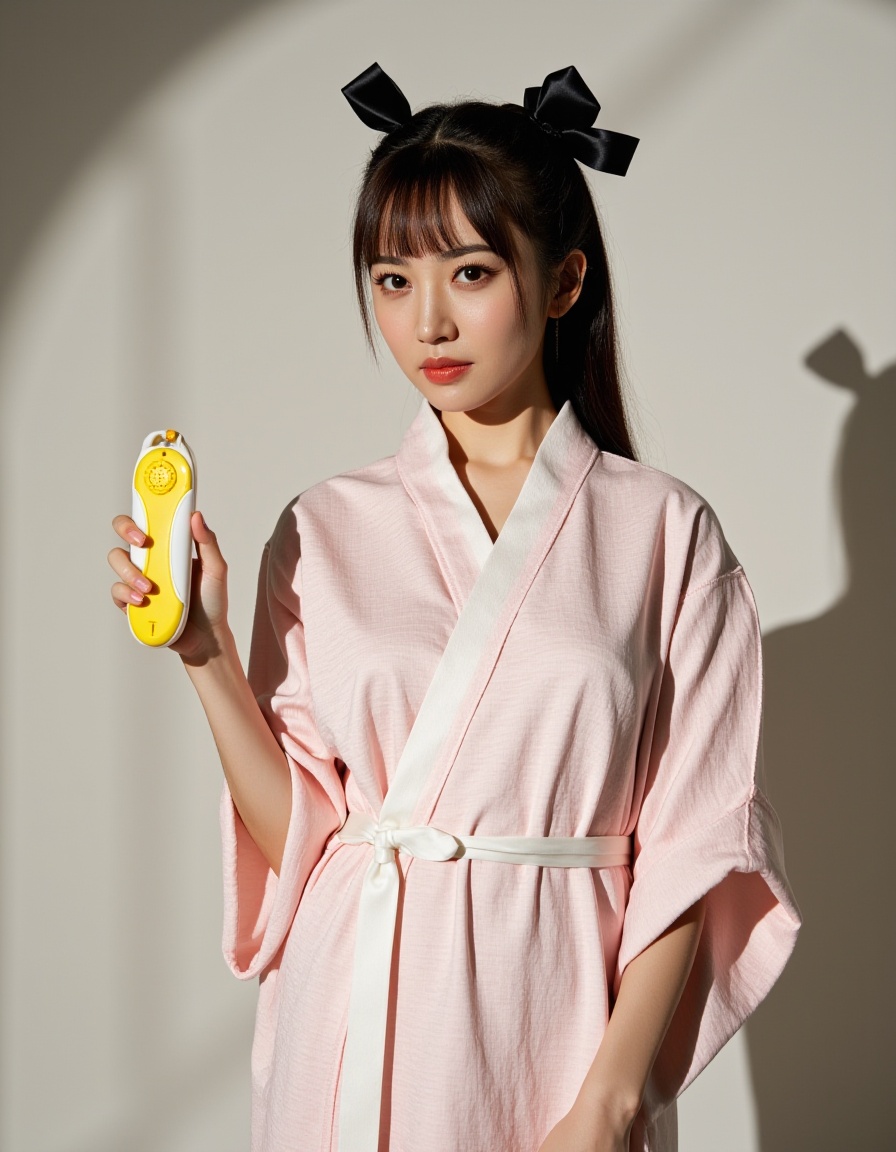 a medium-sized Asian woman,dressed in a kimono-style dress,is adorned with a white belt tied around her waist. Her hair is pulled back in a ponytail,adorned with two black bows,adding a pop of color to her outfit. She is holding a yellow and white remote control in her left hand,while her right hand rests on her right arm. The backdrop,a shadow of a person's shadow can be seen on the right side of the image.,