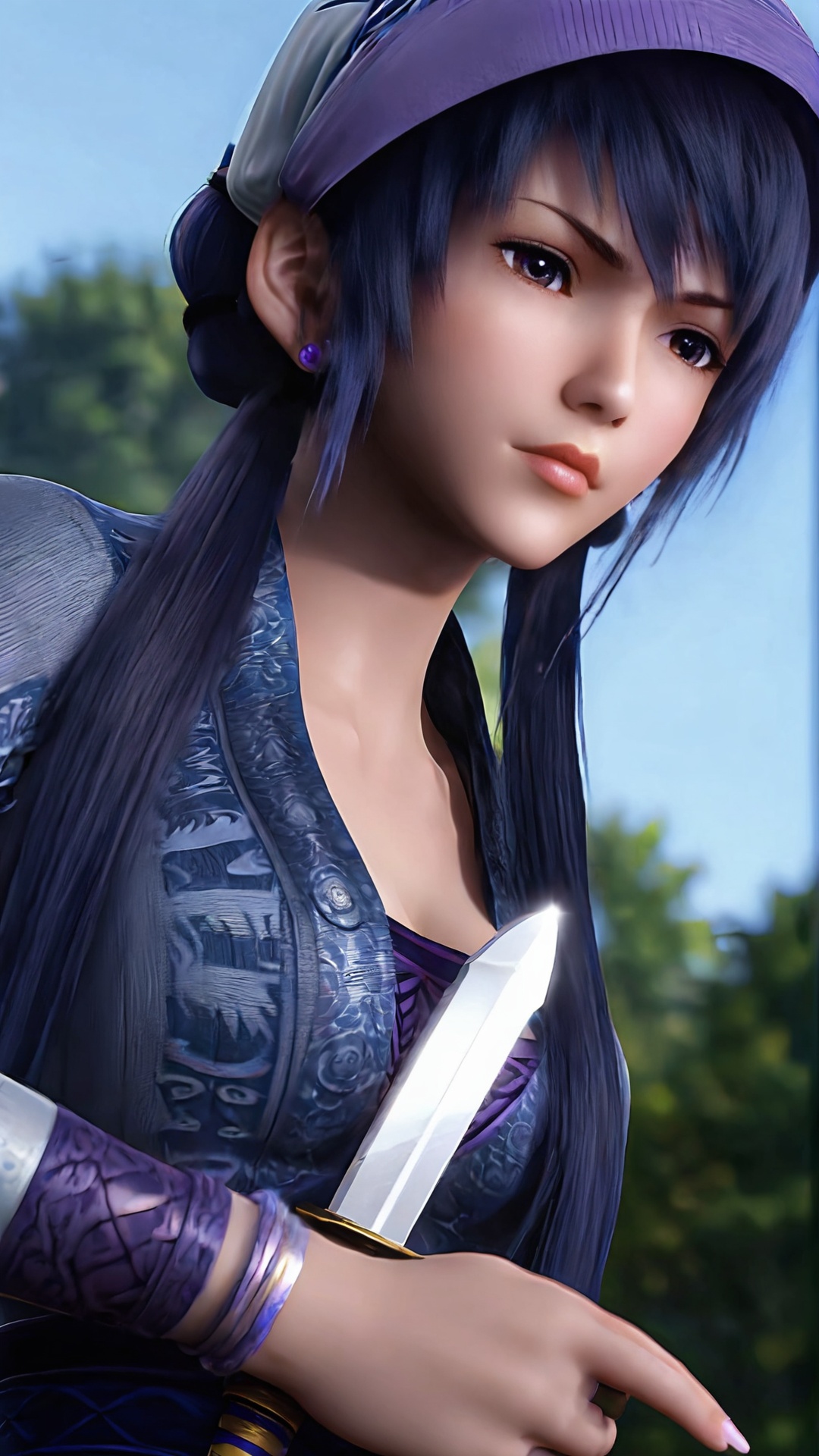 The image is a close-up portrait of a young woman with dark hair and a purple hat. She is wearing a black and gold outfit with intricate patterns and designs. The woman is holding a sword in her right hand and appears to be ready for battle. She has a serious expression on her face and is looking directly at the camera. The background is blurred, but it seems to be an outdoor setting with trees and a blue sky. The overall mood of the image is intense and dramatic..,<lora:pony端木蓉:0.8>,