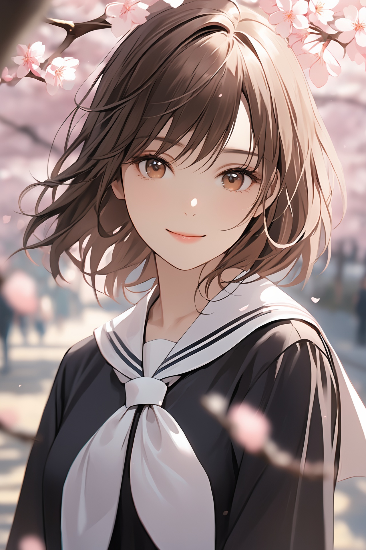 blurry foreground, depth of field, cinematic composition, close up, masterpiece, best quality, 1girl, solo, brown hair, smile, brown eyes, white neckerchief, school uniform, pink flower, looking at viewer, serafuku, black shirt, cherry blossoms, hair bow, branch, outdoors