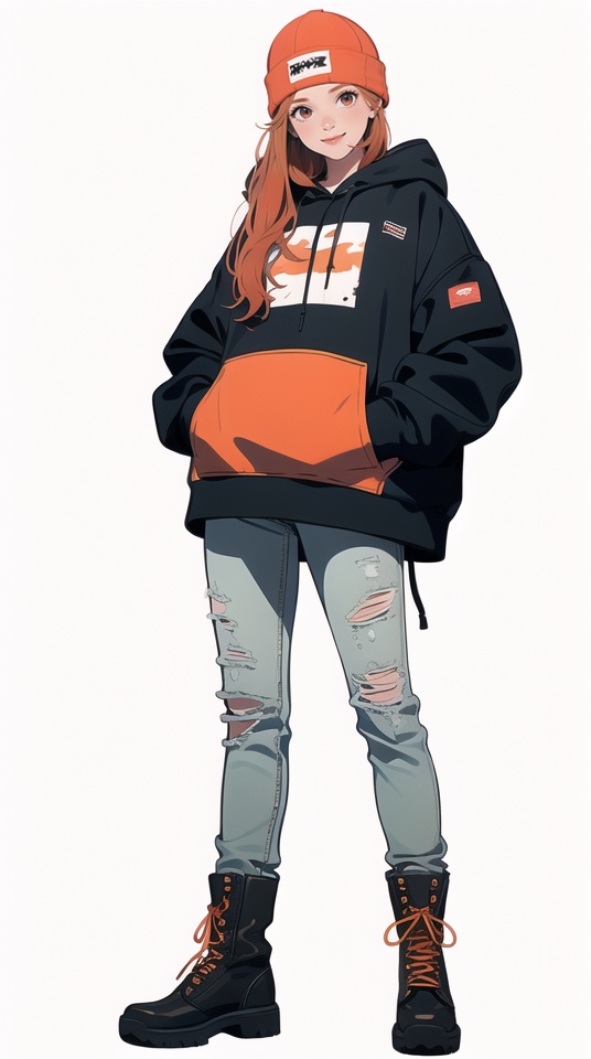 (best quality), ((masterpiece)), (highres), illustration, original, extremely detailed,ooo, 1girl, solo, pants, long hair, hat, torn clothes, beanie, white background, torn pants, boots, hands in pockets, hood, jacket, simple background, smile, looking at viewer, full body, orange hair, standing, red headwear, hood down, hoodie