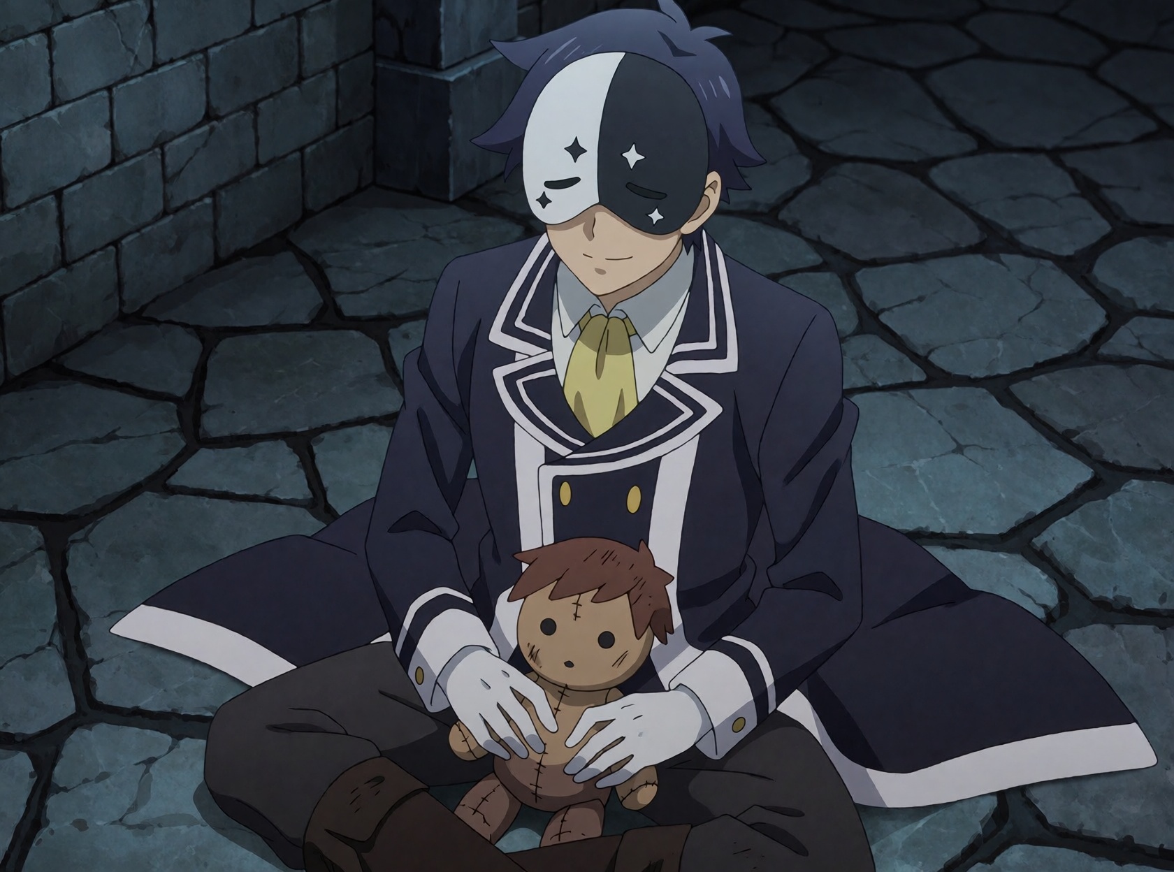 Vanir from KonoSuba,  an ***** demon,  sits cross-legged on a stone floor at night on Tensor.Art