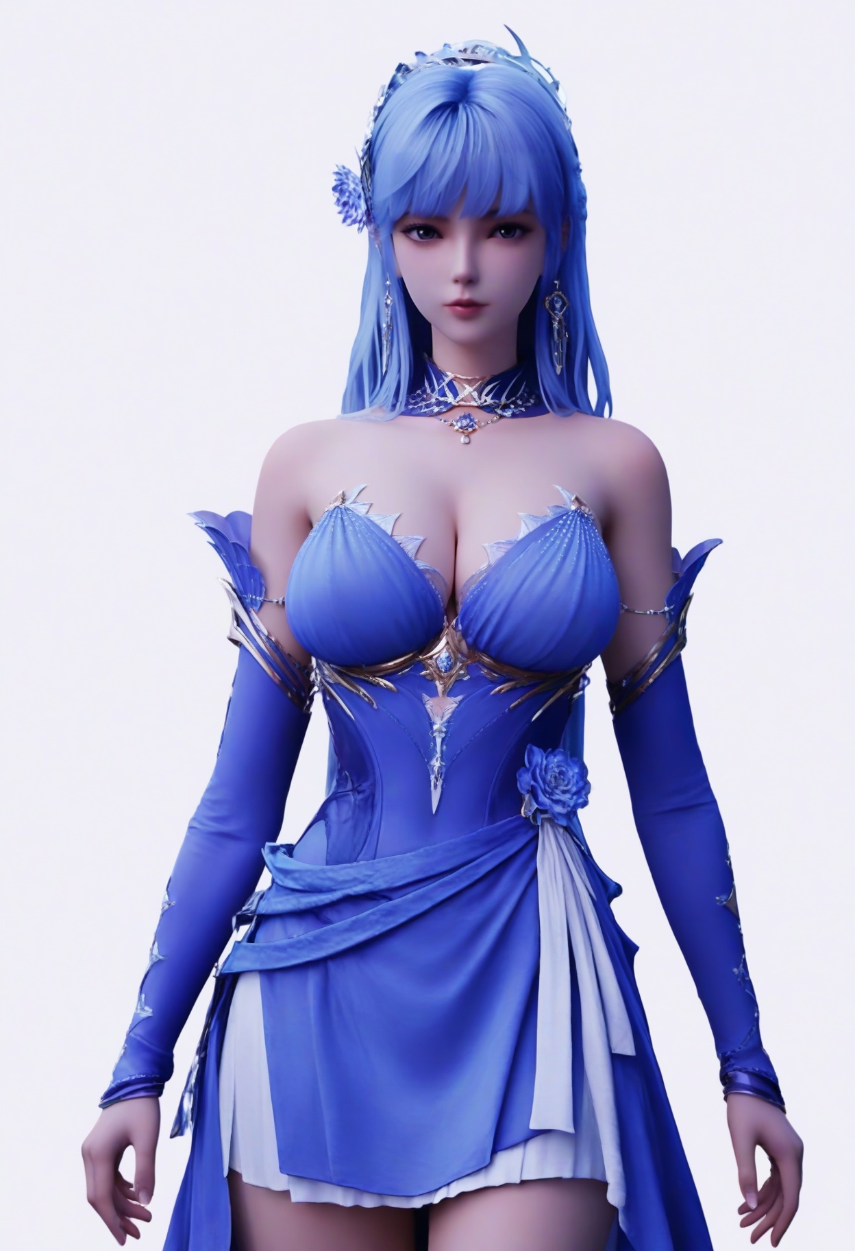 score_9,<lora:SF_ShengCarErThirdClothes_Pony_Realism2.3-000003:0.7>,1girl,solo,clothes,bare shoulders,blue hair,breasts,detached sleeves,bangs,large breasts,blue dress,standing,long hair,fair_skin,white_skin,Ivory_skin,looking at viewer,white background,simple background,cowboy_shot,