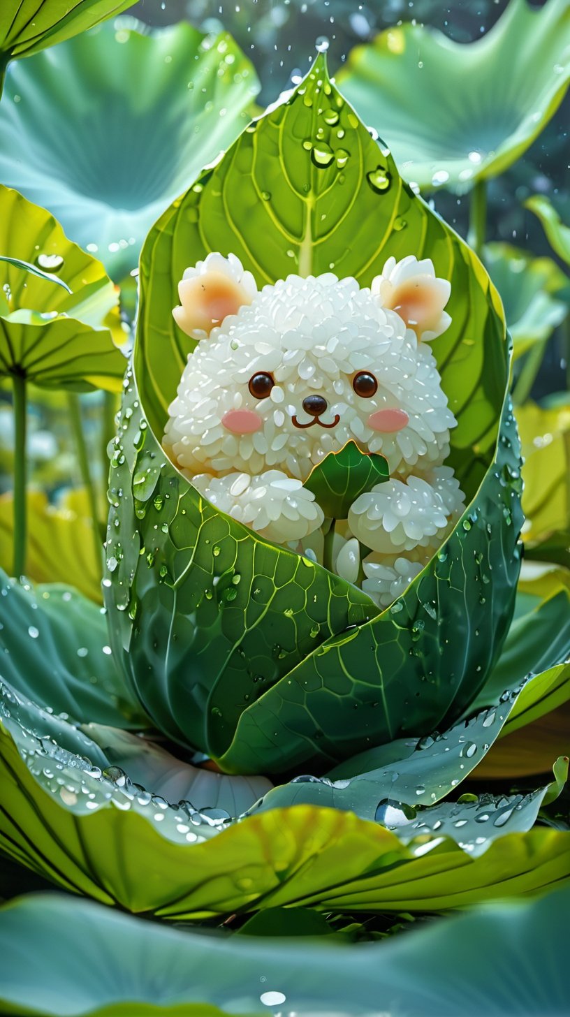 <lora:端午节——创意粽子_V1.0:0.8>,highly detailed,ultra-high resolutions,32K UHD,best quality,masterpiece,tao, chi, the painting showcases a whimsical representation of a rice ball, meticulously crafted to resemble a bear. the artistic style is playful and imaginative, with a focus on detail and texture. the theme revolves around nature, as the rice ball is nestled amidst green leaves, water droplets, and a blooming lotus flower. the composition is balanced, with the rice ball serving as the focal point, surrounded by the lush greenery, creating a harmonious and serene ambiance.